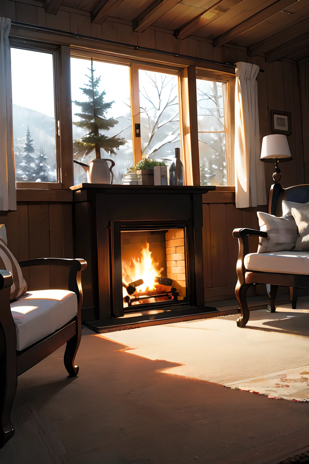 Fireplace snow windows carpet cabin