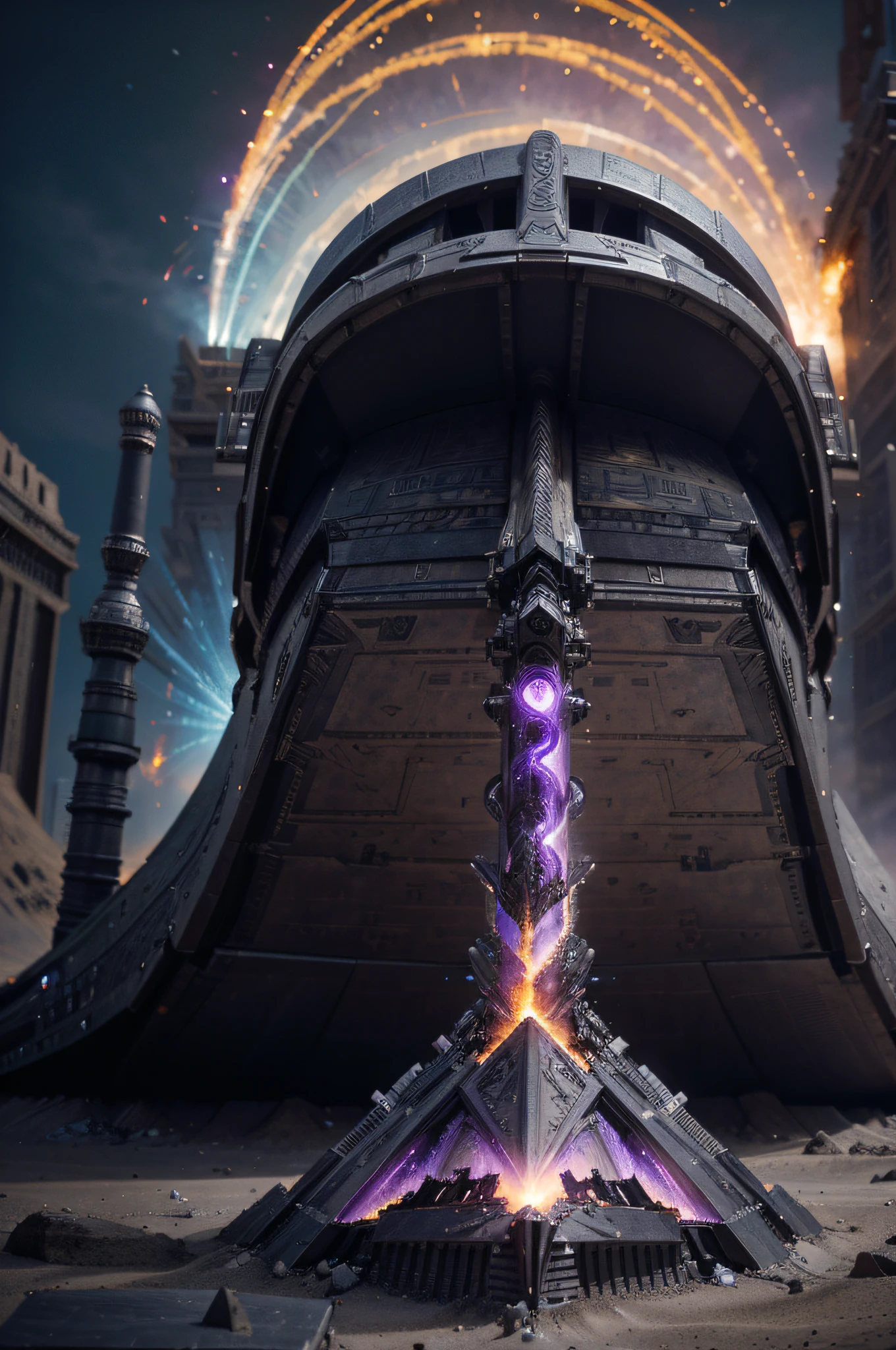 biomechanical style cyborg flying pyramid, dark silver color with purple details, launches a purple lazer beam from its top, is in a desert, explosions and fire, Ultra detailed, Hyper realistic, 4k, Ultra detailed image, realistic, Highly detailed, perfect composition, beautiful intricately detailed incredibly detailed, 8K fine art photography, hyper detailed, Masterpiece