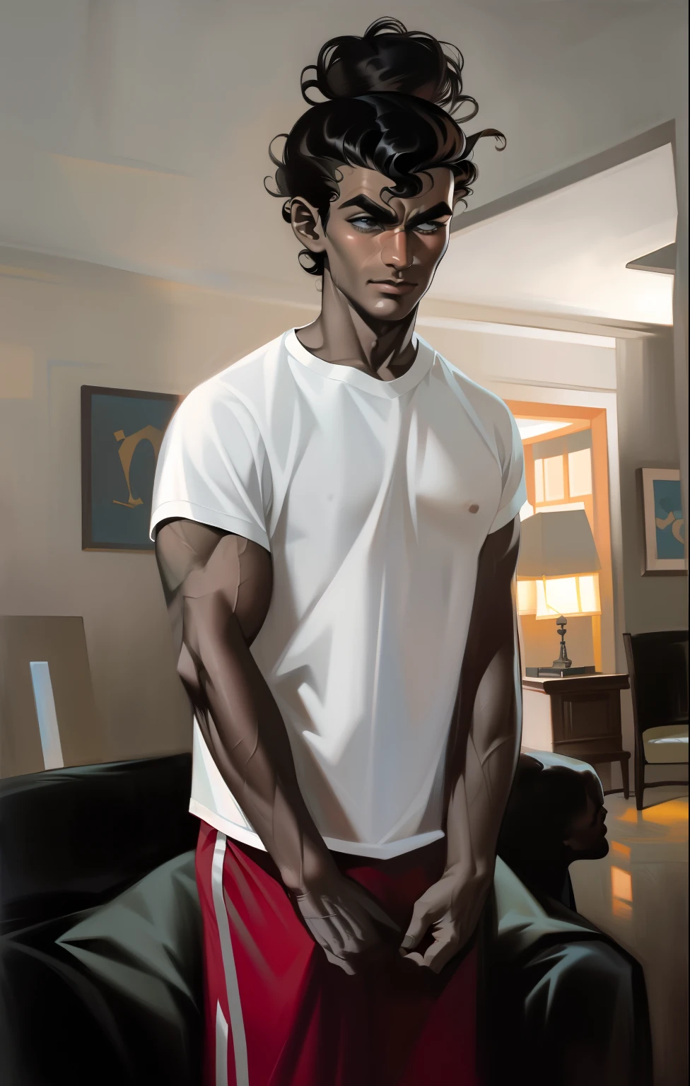 taken in the early 2020s, full body picture, standing in living room, red shorts, white shirt, a handsome black man, around 19 years old, curly hair in a bun, (dark shorter curly hair), curly haired, with no beard, with long curly hair, messy curly hair, handsome, perfect face, strong jawline, intimidating, chiseled features, serrated blade, rough-hewn appearance, 4k, perfect picture, serene lighting, flattering picture
