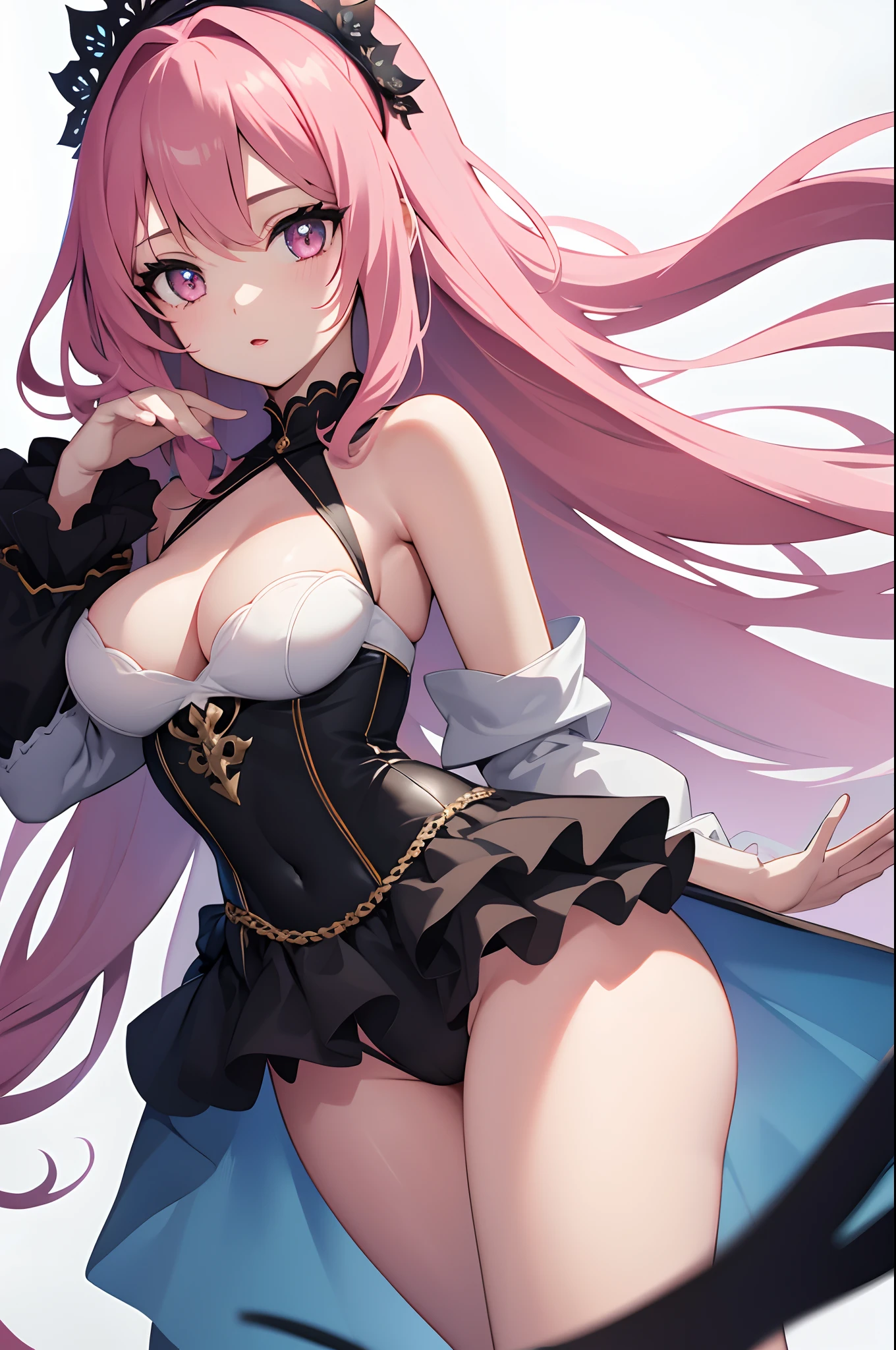 1girl, anime, cute girl, blank background, white background, fantasy, detailed dark fantasy dress with highlights, beautiful face, beautiful eyes, dark colors, long pink hair, medium breasts, slight cleavage, beautiful skin, cute, breast curtains, extremely delicate and beautiful, (beautiful detailed face:1.0), (detailed deep eyes), symmetrical breasts, deep eyes, shiny skin, portrait, slender waist, hips wider than shoulders, thighs, young girl, expressionless