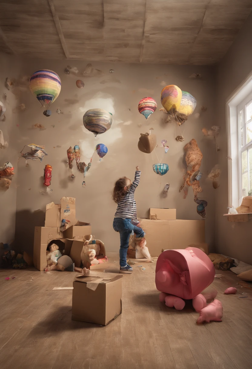 Floating objects in empty ambience in cardboard room with kids toys