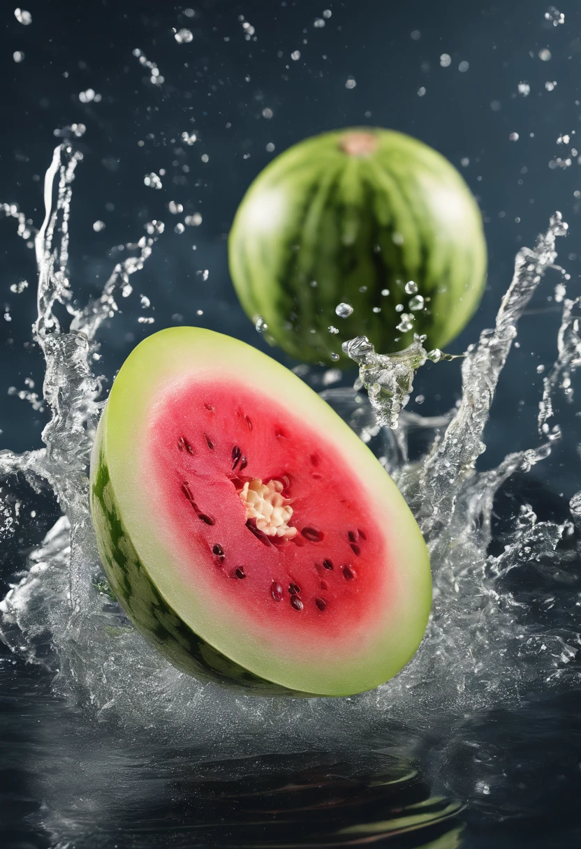 cinematic RAW photo,foto ultra real,Ultra foto Realsisim,Digital SLR,soft lighting,Product photo of melon falling into the water、Drippy、Splash clear liquid、water bloom,dynamic compositions,(master part) (best quality) (circunstanciado) (Cinematic lighting) (foco nítido) (intrincado), master part, best quality, ultra-highresolution, 8k UHD