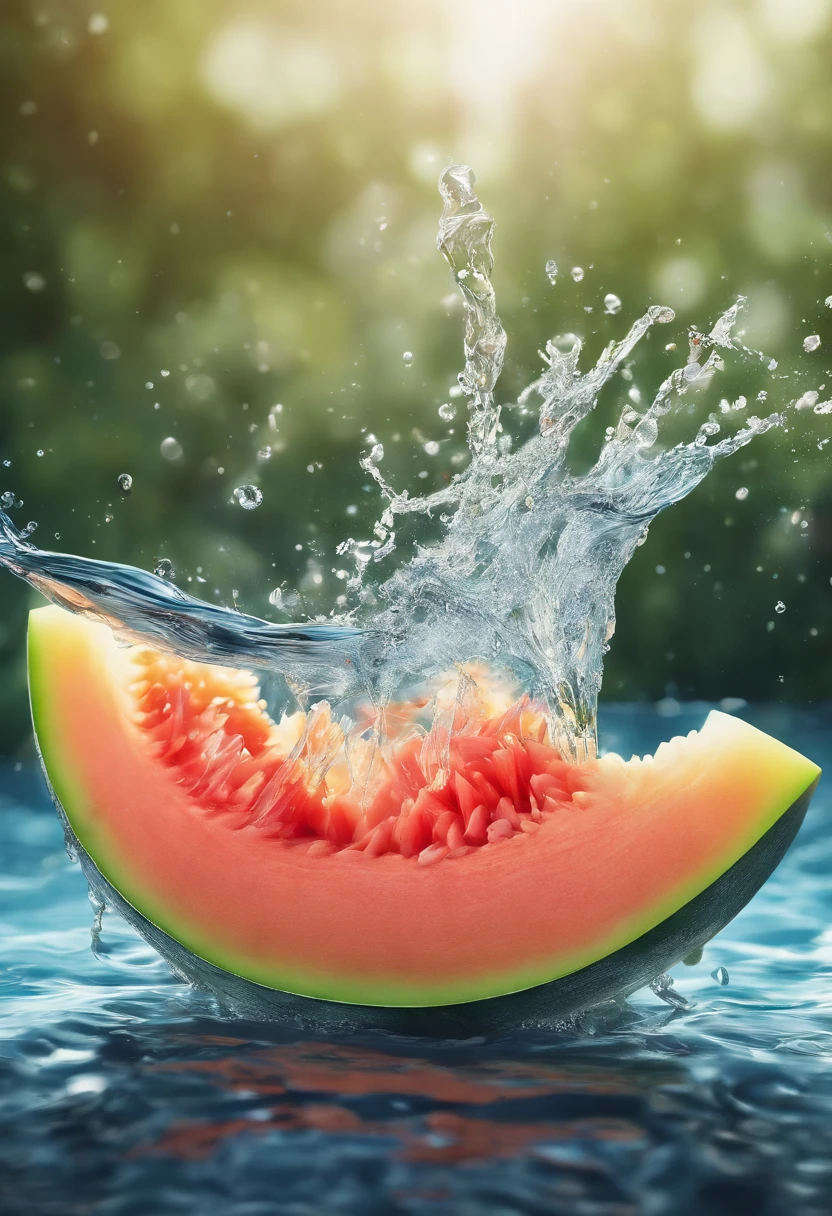 cinematic RAW photo,foto ultra real,Ultra foto Realsisim,Digital SLR,soft lighting,Product photo of melon falling into the water、Drippy、Splash clear liquid、water bloom,dynamic compositions,(master part) (best quality) (circunstanciado) (Cinematic lighting) (foco nítido) (intrincado), master part, best quality, ultra-highresolution, 8k UHD