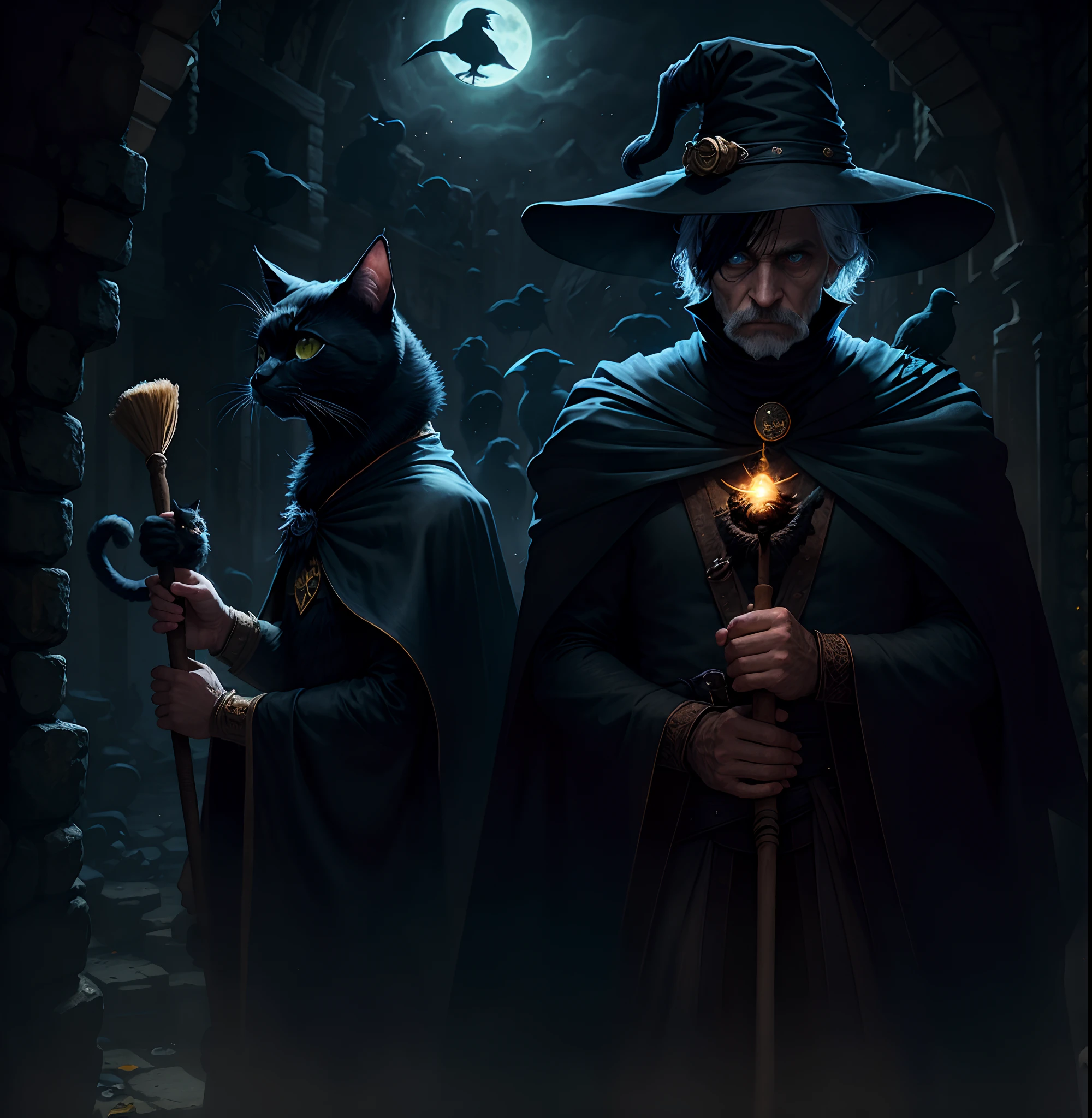 Wizard with a black cape and pointy hat holding a wand in one hand and a broom in the other. On his shoulders he has a raven and near his feet a black cat. Os olhos do buxo brilha como de um corvo.