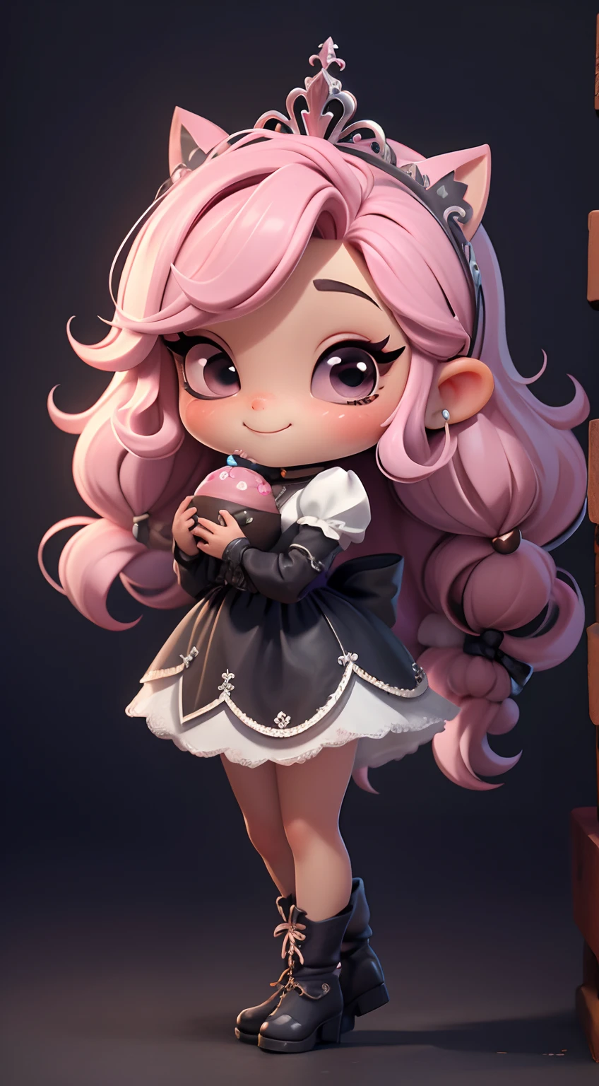Create a high-quality 18K version of the character, master part, barra de doces, doces azedos, doces, Pirulitos, Polvilha, bagas ,cheio de doces chibi Morangos Vanellope . Baby Chibi Gothic Vanellope : Deve ficar charmoso e bonito, Keep the iconic elements of the original character. Candies should have a round face with large dimensions, olhos claros, long eyelashes and rosy cheeks. Seu cabelo deve ser longo e tons preto slime . Vestido bonito: Vestir chibi em um vestido luxuoso e elegante em tons de rosa e preto . O vestido pode ter babados, renda & detalhes feitos de doces, A reference to the Gothic theme . Add loops or ribbons, Para dar um toque de delicadeza. avental & Arco : Adicione um avental marrom sobre o vestido de Chibi, It is tied at the waist with a thin bow. O avental pode ter pequenos detalhes, como bolsos ou bordados finos. Meias e botas luxuosa : Complete o look chibi morango com meias listradas rosa e brancas ou detalhes divertidos. standingn, Coloque botas bonitos, com gravatas ou fivelas. Magic Accessories: Add charming accessories to the chibi , como no cabelo ou uma tiara com detalhes extravagantes . You can also get your hands on a beautiful white furry cat . Certifique-se de adicionar sombras, texturas e detalhes nos cabelos, Chibi Vanellope, pirulitos Ternos & Accessories, to make it even more charming and charming. Give him a smiling expression and a sweet smile on his face, Capturing the essence of the character in a subtle way, delicate hands, barra de doces, doces azedos, doces, Pirulitos, Polvilha, bagas, mostrando morango ,cheio de doces chibi Doce UHD 16K.