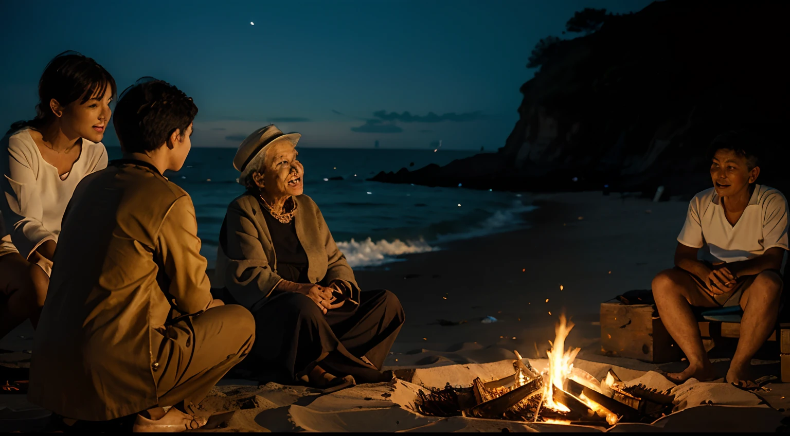 an elderly woman, telling a story to a group of children, around a bonfire by the sea