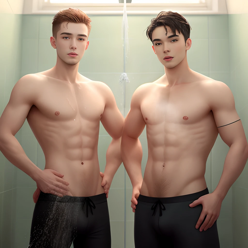 2 men showering with hands on hips