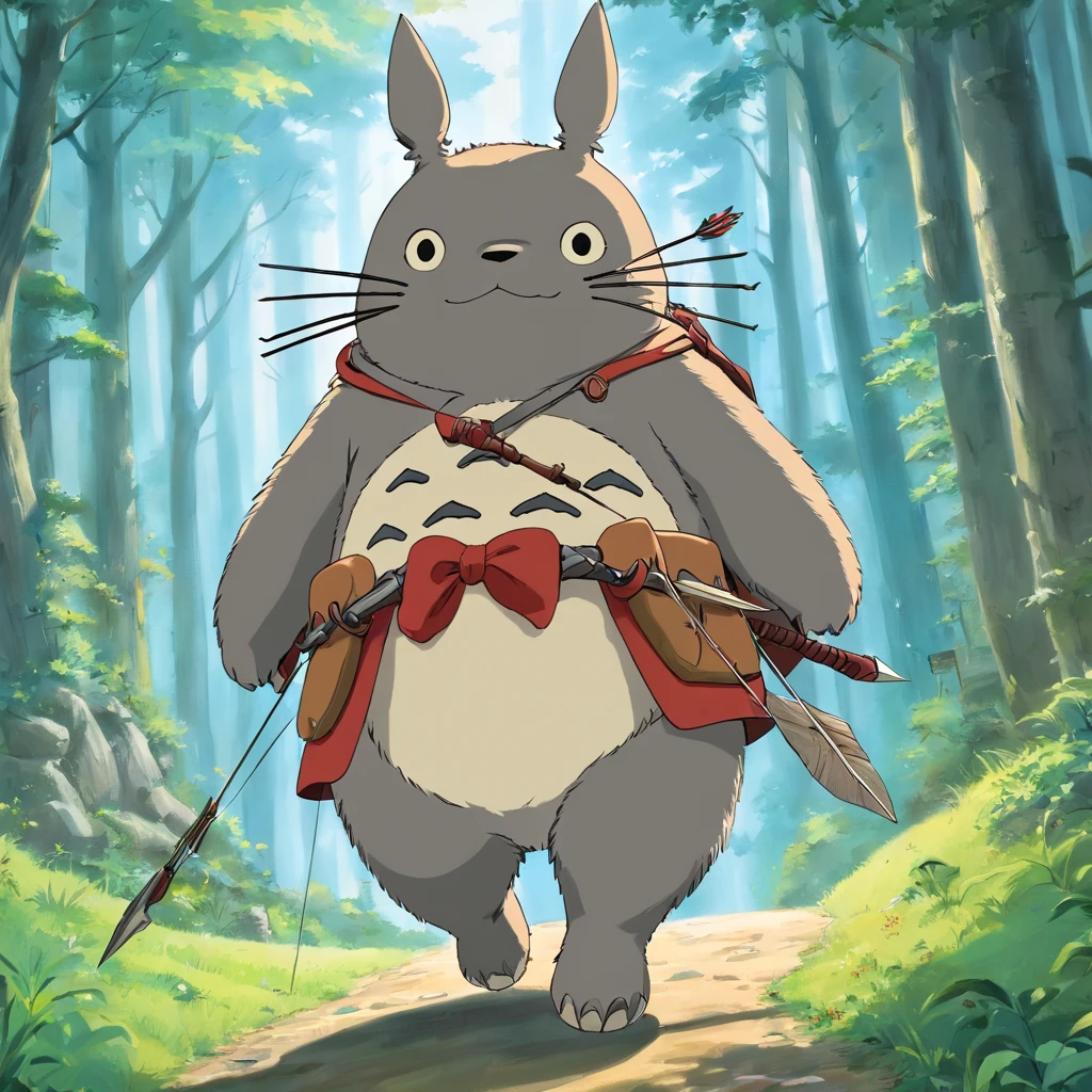 Totoro，The whole body is covered in armor , Bow and arrow in hand，bow and arrows，Shooting action，NOWAI，No Man，No one appears