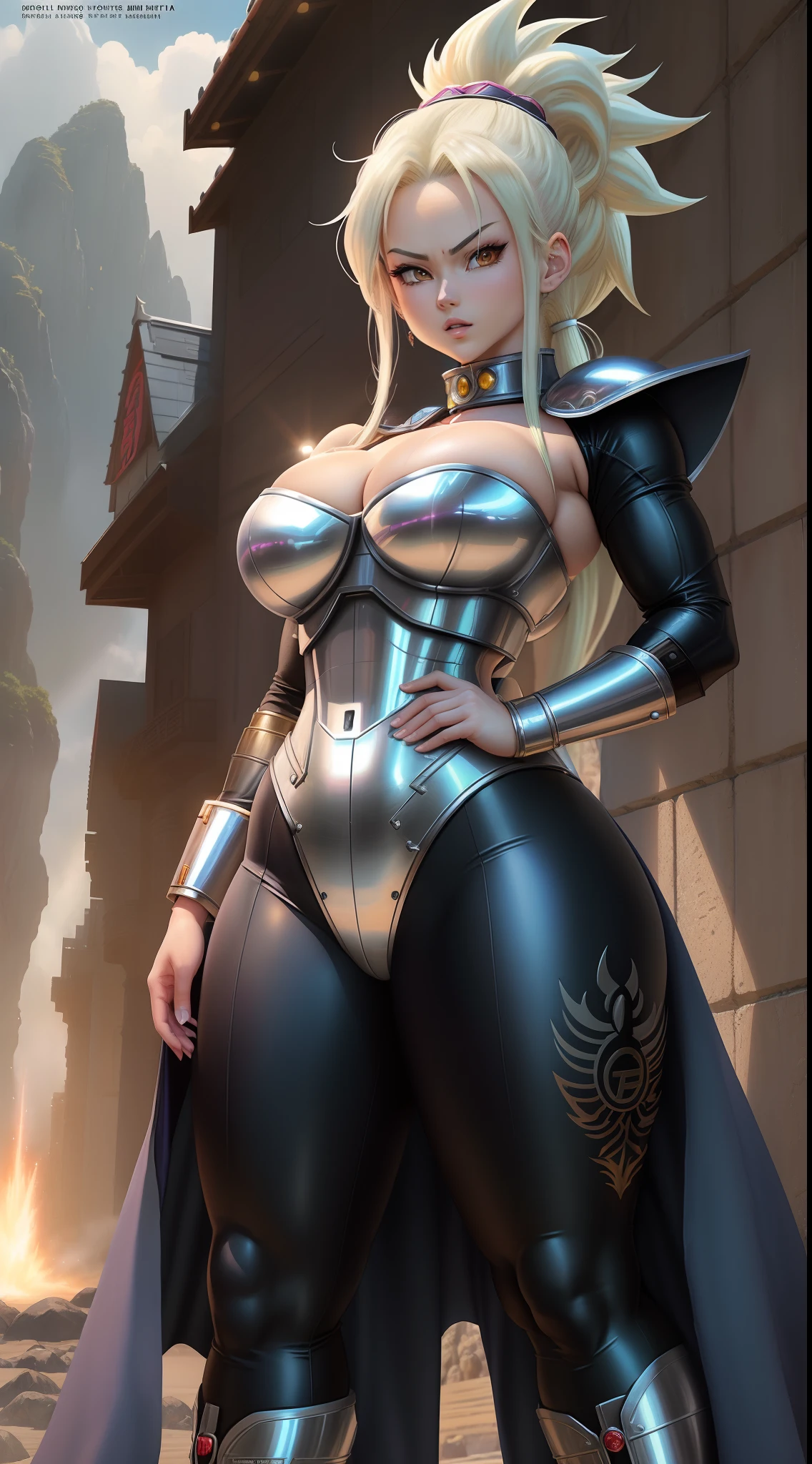 1girl DGB. (Dragon_Ball_Z), official art, 90's anime, Digital art composition, Best_quality, official art anime, (beautiful detailed face), ((white skin)) (White_pale_skin:1.2), black hair, ((albinism_skined)), (long_hair), (ponytail), (background inspired in Dragon Ball z), (hyper detailed composition) Saiyajin army armored, ((sexy_Saiyajin_warrior_empress)), ( badass face_really beautiful), Saiyajin armor, huge cleavage, her hands in own waist, (winning pose), ((dark evil ki) ((aura)), (electric rays), (muscular curvy body), ((Saiyajin techwear)), art by Akira Toriyama, styled anime, anime 1990s style by Akira Toriyama art , (digital illustration-anime), Saiyajin army armor custo5, masterpiece, insanely intrincate detailed