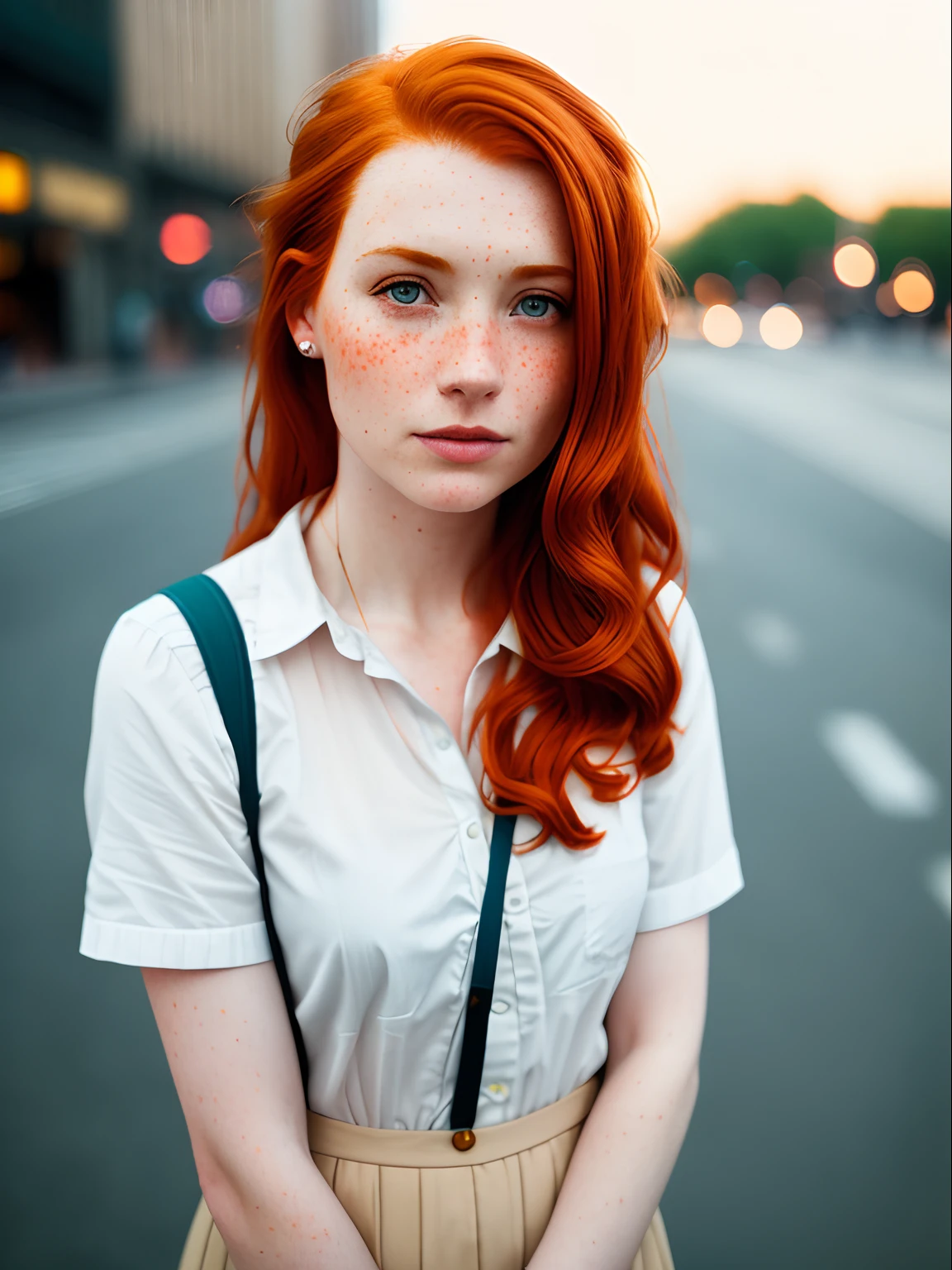 a 17mm ultrawide angle, portrait of a (redhead:1.2), freckles teacher, staying on the street of modern city, [nipples : white wet shirt : 18], visible nipples through the white top t-shirt, slate atmosphere, lightroom, 35mm film, cinematic, dimmed colors, dark shot, muted colors, film grainy, lut, insane details, intricate details, hyperdetailed, closeup, twilight