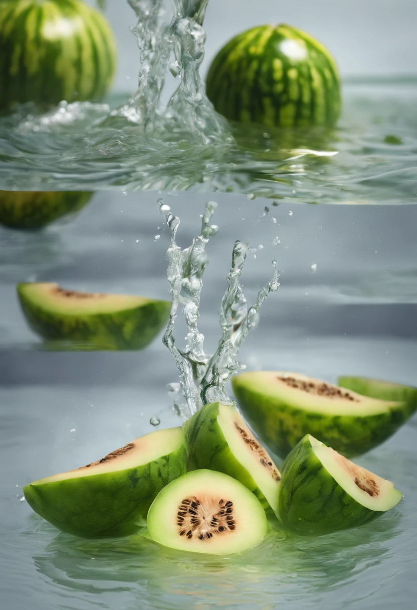 cinematic RAW photo,foto ultra real,Ultra foto Realsisim,Digital SLR,soft lighting,Product photo of melon falling into the water、Drippy、Splash clear liquid、water bloom,dynamic compositions,(master part) (best quality) (circunstanciado) (Cinematic lighting) (foco nítido) (intrincado), master part, best quality, ultra-highresolution, 8k UHD, 🍈