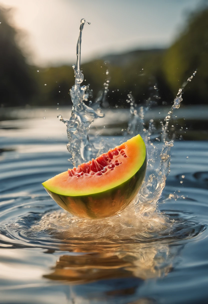 cinematic RAW photo,foto ultra real,Ultra foto Realsisim,Digital SLR,soft lighting,Product photo of melon falling into the water、Drippy、Splash clear liquid、water bloom,dynamic compositions,(master part) (best quality) (circunstanciado) (Cinematic lighting) (foco nítido) (intrincado), master part, best quality, ultra-highresolution, 8k UHD, 🍈
