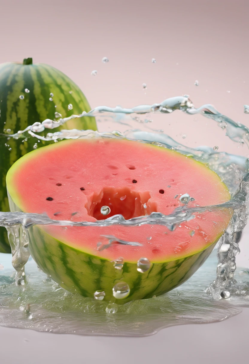 cinematic RAW photo,foto ultra real,Ultra foto Realsisim,Digital SLR,soft lighting,Product photo of melon falling into the water、Drippy、Splash clear liquid、water bloom,dynamic compositions,(master part) (best quality) (circunstanciado) (Cinematic lighting) (foco nítido) (intrincado), master part, best quality, ultra-highresolution, 8k UHD, 🍈