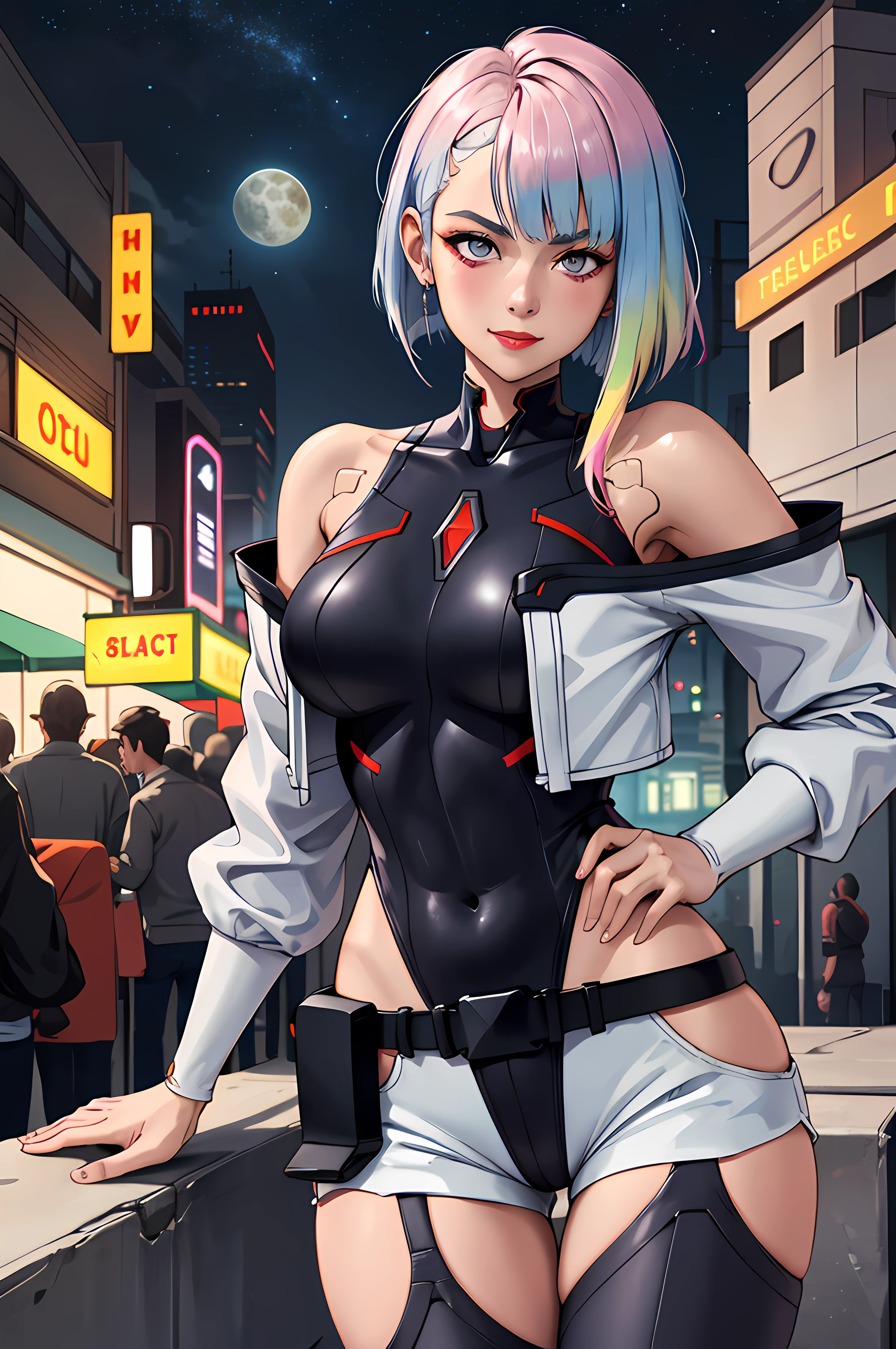 high quality, 1 girl, solo, masterpiece, best quality, highres, lu1, cyborg, multicolored hair, makeup, bare shoulders, black leotard, highleg leotard, (thong:1.1), white jacket, open jacket, belt, shorts, cowboy shot, planet, moon, earth (planet), leve sonrisa, sentada, Fondo de Neon City, pierna doblada, ahumado, Vista desde un lado