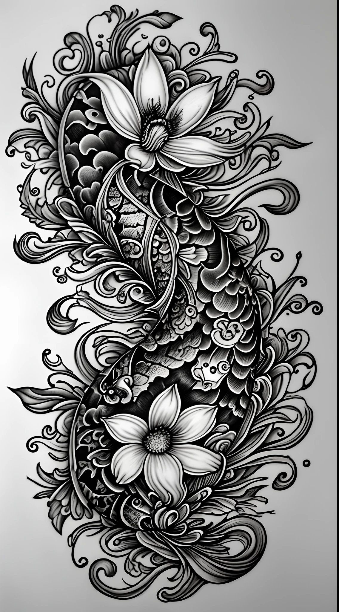 Magnolia flower and koi fish tattoo