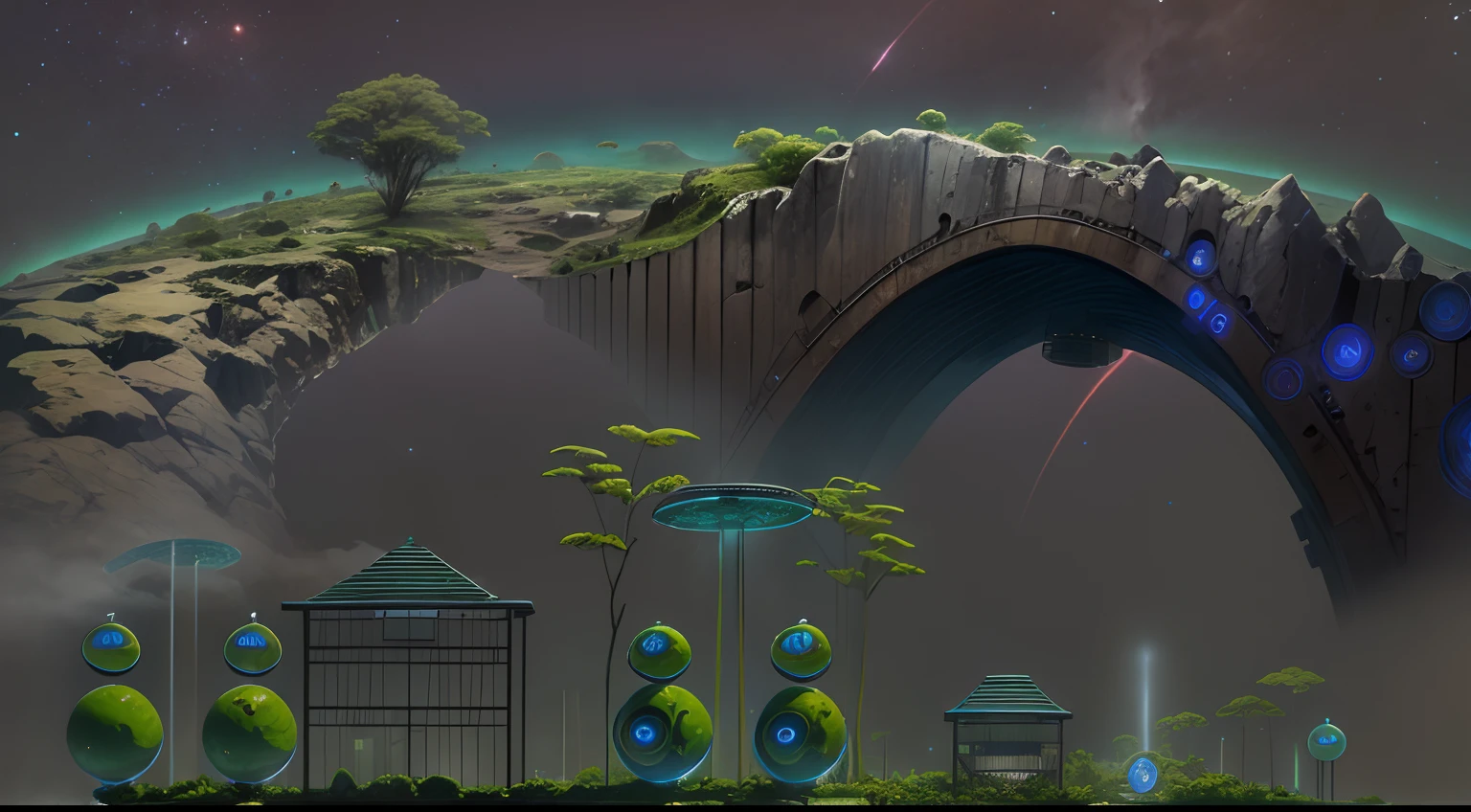 Rainforest base (Very detailed) In the midst of mountainous rainforests,There are several rainforests, Some spotlights come out of the base to illuminate dark places, (the rainforest), Some clouds in the night sky, Some of the surrounding planets provide air to unknown planets,The furthest rainforest