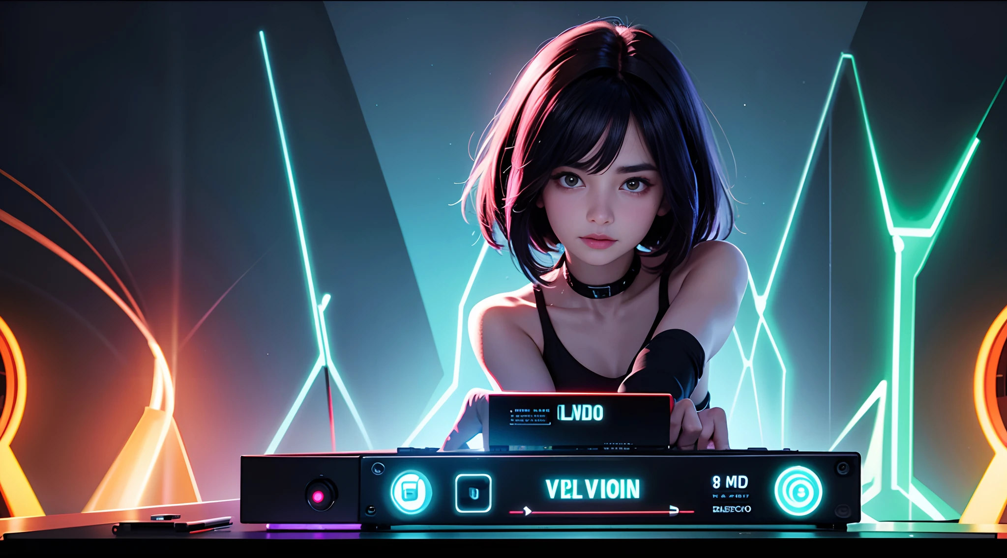 um dj no estudio , Cinematic lighting, 8k UHD luzes neon