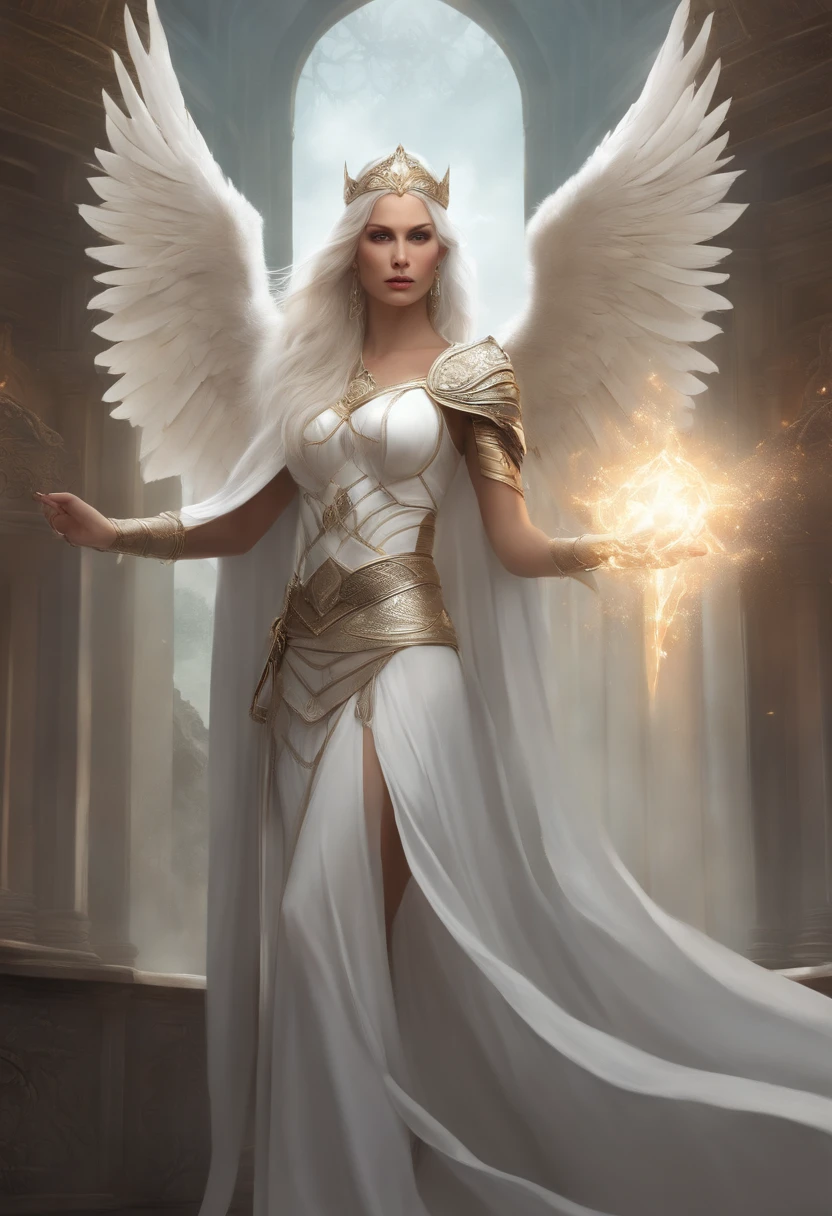 there is a warrior goddess woman all in white with pale white skin and long white hair that is standing majestically in a white castle with a sword, ((highly detailed)), artgerm julie bell beeple, magic the gathering sorceress, mystical atlantean valkyrie, elfic priestess, graphic artist magali villeneuve, ethereal fantasy, style of magic the gathering, female lord of change, angel knight girl, as a mystical valkyrie