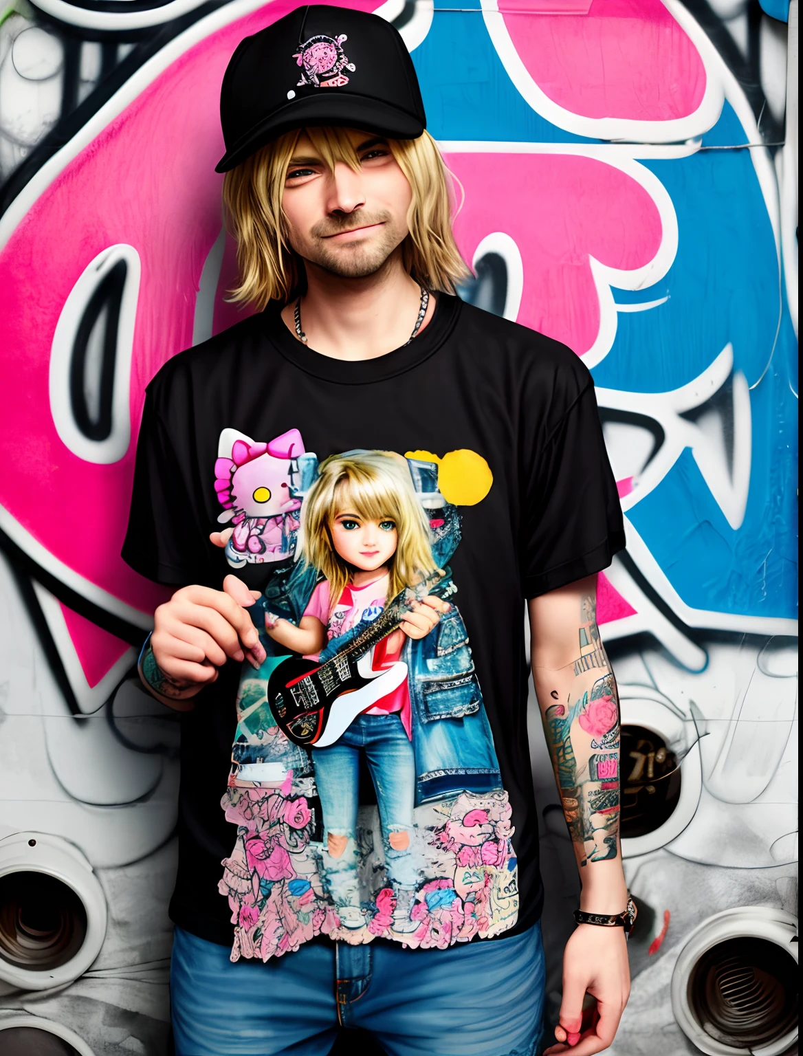 Fisheye lens Kurt Cobain holding hello kitty plush,illustration,charming,grunge vibe,smiling expression,striking eyes,ripped jeans,simple black t-shirt,tattoos,electric guitar in hand,vintage microphone,graffiti-covered walls,vivid colors,distorted perspective,best quality,ultra-detailed,photorealistic,studio lighting
