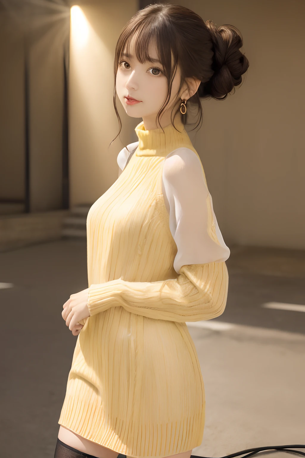 masutepiece, Best Quality, One girl, (a beauty girl, half updo,From Side、frombelow、Overlooking、kawaii:1.3), (17 age:1.3), Very fine eye definition, (Symmetrical eyes:1.3), NSFW, (is standing:1.2), (a beauty girl:1.3), Petite bust、 Brown eyes, Parted bangs, Black hair, Petite girl、The whole body is visible、Esbian、(A slender)、(Whole body:1.5)、(High Ponytail、put out the tongue)、(Raw photo:1.4)、(Photorealsitic:1.3)、(​masterpiece)、top-quality、top-quality、the Extremely Detailed CG Unity 8K Wallpapers、Detailed and complex、Original、hight resolution、
\\
1girl in、独奏、middlebreasts、(eye liner:0.2)、(red blush:0.5)、hair clips、Look at viewers、NSFW、
\\
(Knitwear with open chest、a miniskirt、Light yellow see-through knit dress、frilld、Not wearing underwear、Black sheer stockings、Cute earrings:1.5)
\\
Elegant bedroom background、depth of fields、realisitic:1.3、(ambient lights:1)、(Kamimei:1.3)、(nffsw:1)、(Studio Lighting:1.5)、(pantyshot、up skirt:1.2)、(Whole body)