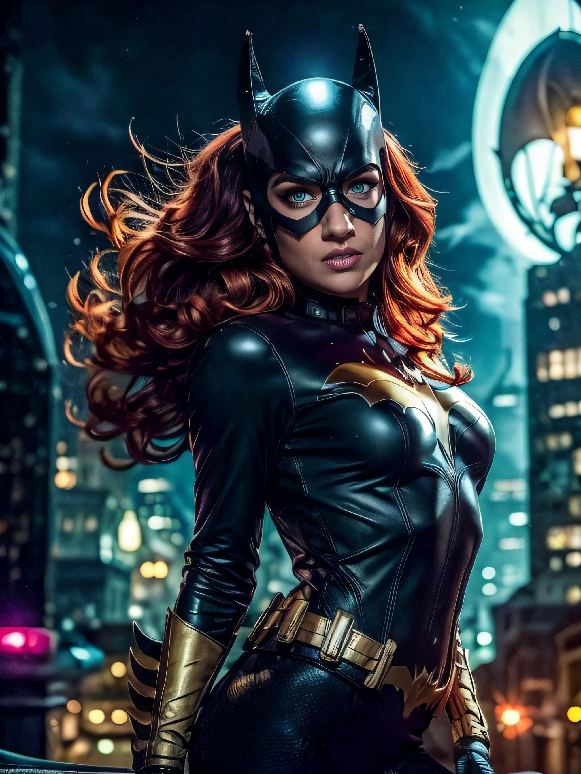 masterpiece, best quality, 1girl, batgirl, cowboy shot, realistic, (bruise), green eyes, mask, revealing clothes, sexy, orange hair, lips, long hair, floating hair, solo, dark, city background, night sky, neon city light