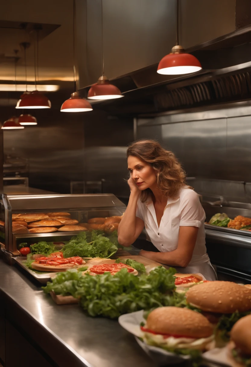 "Creating an image that captures reality: une femme de 40 ans, expression triste, while trying to choose a salad from a mouthwatering selection of burgers and pizzas."