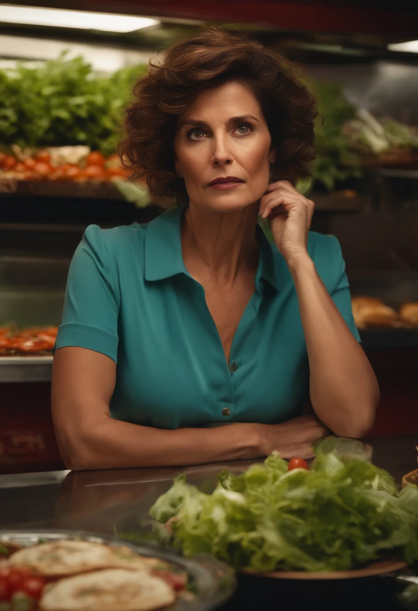 "Creating an image that captures reality: une femme de 40 ans, expression triste, while trying to choose a salad from a mouthwatering selection of burgers and pizzas."