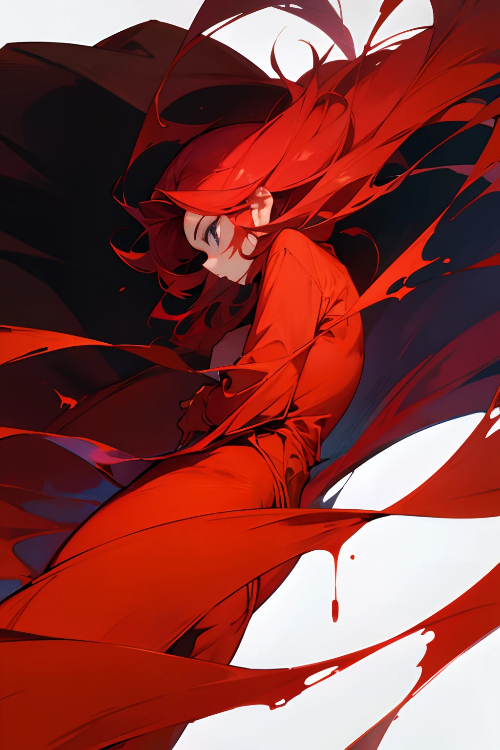 A red-haired girl with long, messy hair emerges sensually from a dark lake of blood. Her skin is pale like a vampire's,, soaked and stuck to his body, highlighting your figure. She is in a provocative position on all fours,