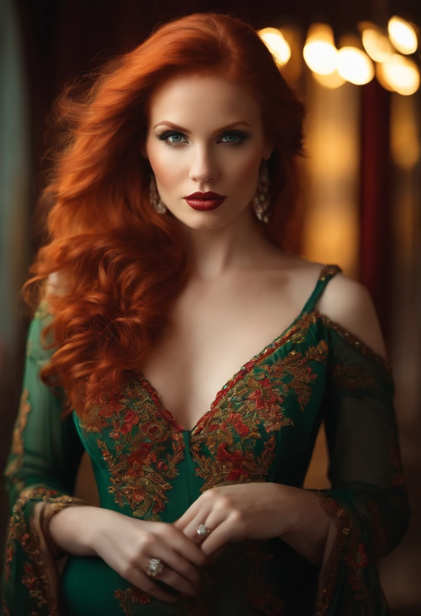 professionnel, (Photo 4K:1.1) par (Jeremy Lipking:0.3), (Dittmann Anna:0.3), (jiner:0.3), (mise au point nette:1.3), High detail, Porter (Chemise moulante:1.2), beautifull detailed face, An attractive woman with long red hair looks at the camera, resembling actress Katherine McNamara, Panasonic Lumix S Pro 50mm F/1.4, Anne Stokes, splash of color, dark orange and dark emerald, Ferrania P30, photo realist, (attractive young woman:1.3), (Seductive:1.1), (rougissant:1.1), Forme du corps du sablier, Gros seins ronds, hanches larges, in the background city