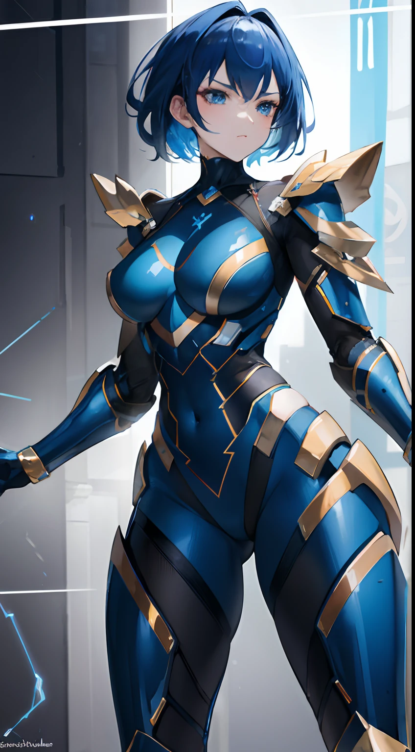 4K, Masterpiece, A high resolution, absurderes,, Thunderball, A woman in blue and gold armor ,wearing edgThunderstruck_Armor, electrified, weilding thunder,