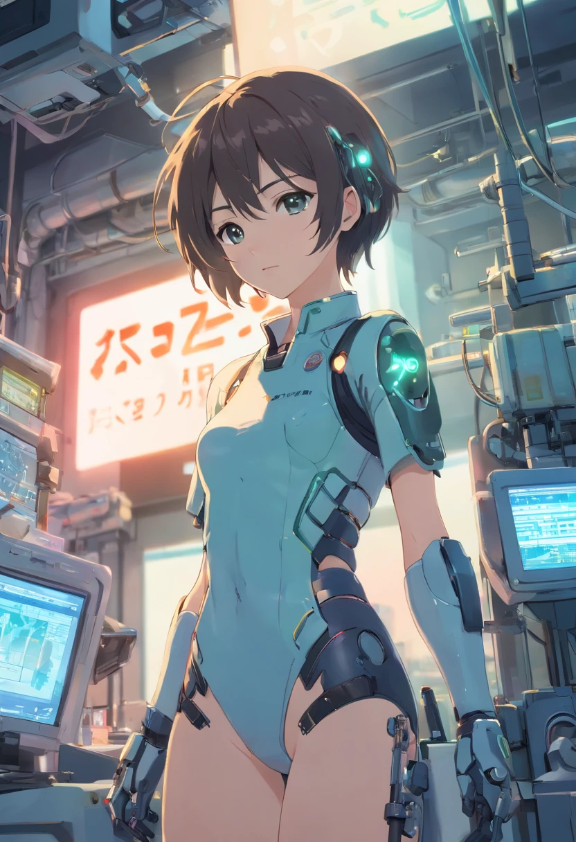 highest qualityr、obra maestra、cyberpunked、Girl undergoing cyborg surgery、Mechanical frame、Usa un abrigo largo negro、Body Parts Are Machines、
