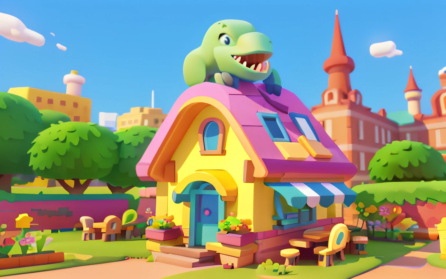 cartoony，Lovely building，There are cute dinosaurs next to it，pixar-style，cartoonish style， polygon， Dinosaur building，，adolable， Game architectural design， fanciful， Charming concert hall， desks， music instrument， steins， bricks， grassy， florals， the trees， casual game style， originality， best detail， 3d， Blander， tmasterpiece， best qualtiy， toon rendering， 8K