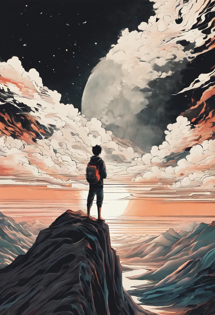 A man standing on top of a mountain looking at the moon - SeaArt AI