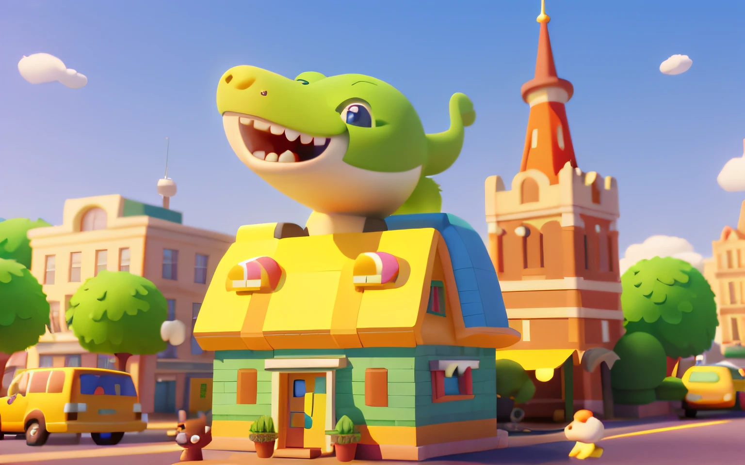 cartoony,Lovely building,There are cute dinosaurs next to it,pixar-style,cartoonish style, polygon, Dinosaur building,,adolable, Game architectural design, fanciful, Charming concert hall, desks, music instrument, steins, bricks, grassy, florals, the trees, casual game style, originality, best detail, 3d, Blander, tmasterpiece, best qualtiy, toon rendering, 8K