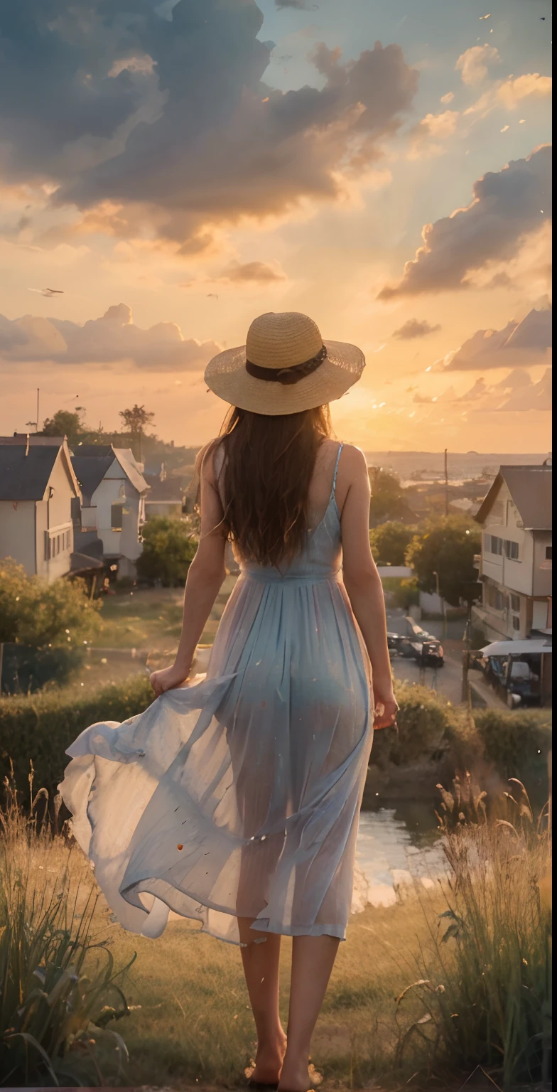 high quality, 8K Ultra HD, masterpiece, Watercolor, wash technique, colorful, A painting with dripping and scattered paint, blurry, pale touch, smudged outline, like a fairy tale, soft touch, summer sky, detailed clouds, back view of woman, country town, Her hair is gently swaying in the breeze, straw hat, full body, sunset, Ocean, pale blue dress, brown hair, luminism, three dimensional effect, enhanced beauty, Albert Anker, Painting like Agnes Cecile, Greg Rutkowski, Artgerm, WLOP, Alphonse Beeple, luminism, 3d render, octane render, Isometric, by yukisakura, awesome full color,