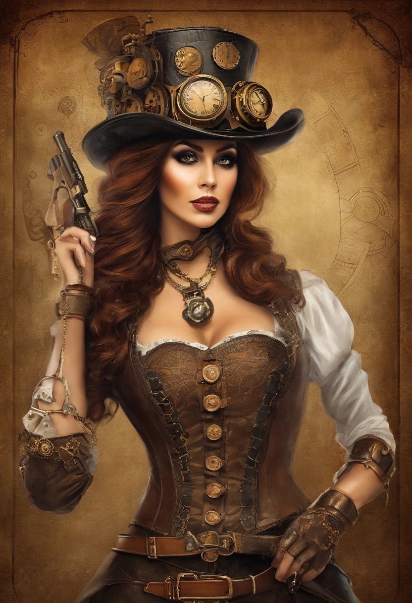 There's a woman wearing a Steam Punk hat and holding a gun.., menina Steampunk, usando trajes Steampunk, menina inventora steampunk, (Steampunk), ( Steampunk ), estilo steampunk, Steam-punk, Steampunk Fiction, steampunk aesthetic, uma deusa Steampunk bonita, steampunk mulher anime bonita, Steampunk, fantasia Steampunk, estilo de fantasia steampunk, arte steampunk, arte digital steampunk, roupas Steampunk