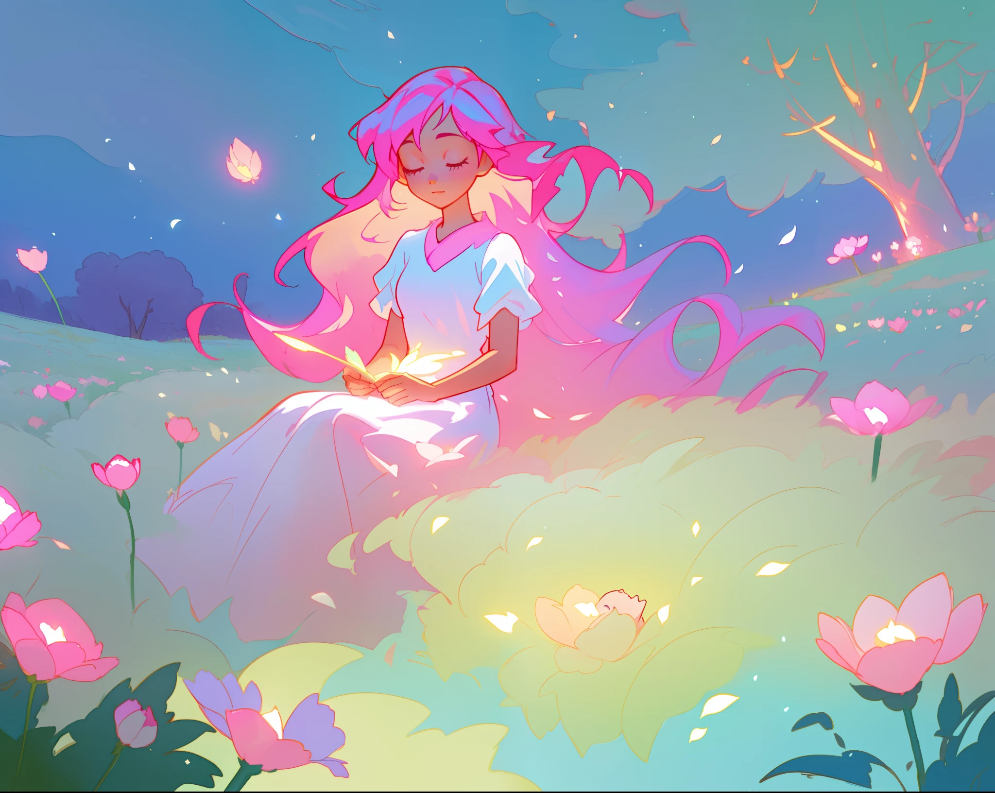 beautiful girl in white dress, fairy dress, beautiful girl sitting in a field with pink red flowers, glowing lights, whimsical landscape, long pink flowing hair, watercolor illustration, inspired by Glen Keane, inspired by Lois van Baarle, disney art style, by Lois van Baarle, glowing aura around her, by Glen Keane, jen bartel, glowing lights! digital painting, flowing glowing hair, glowing flowing hair, beautiful digital illustration, fantasia otherworldly landscape plants flowers, beautiful, masterpiece, best quality, anime disney style