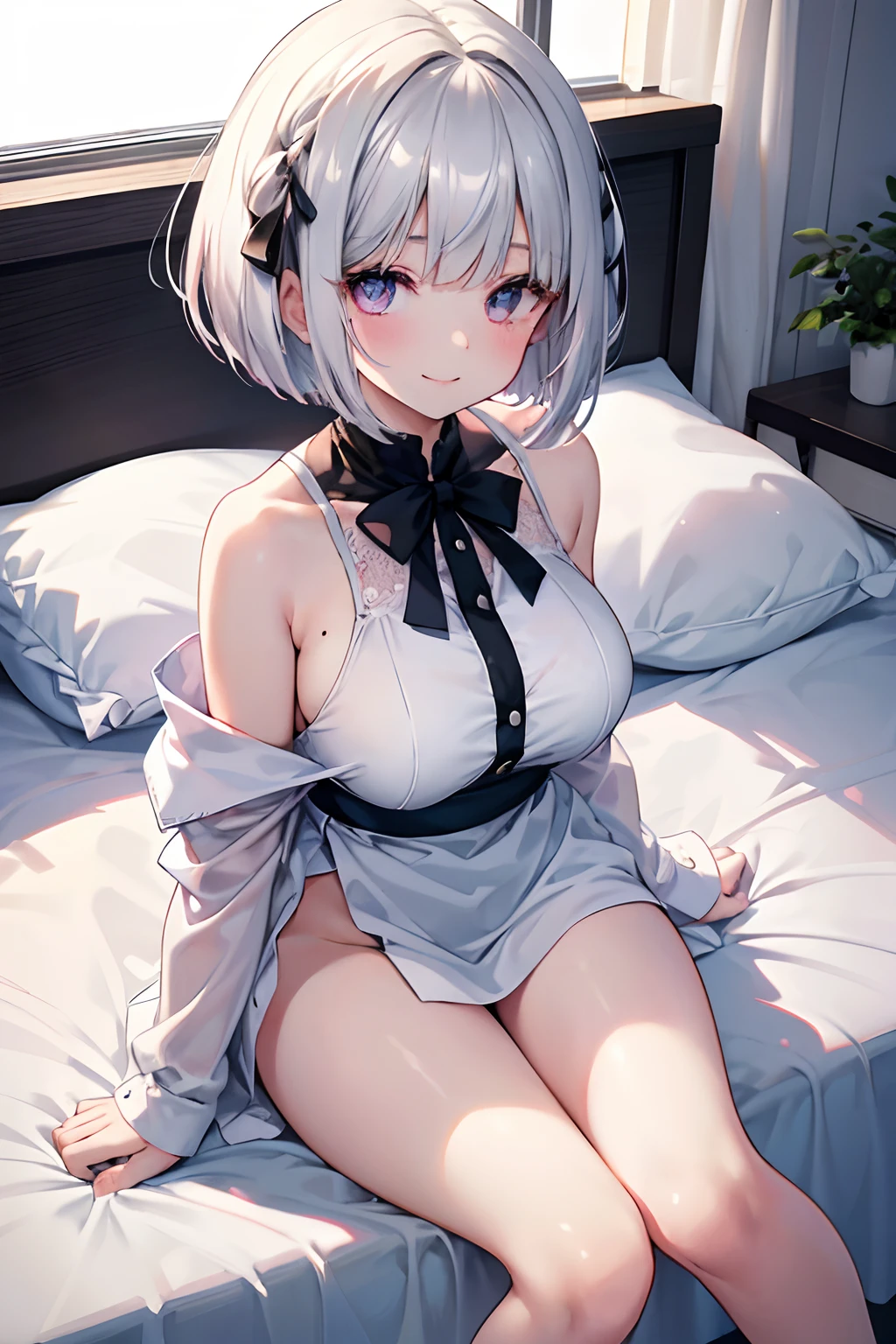 Mole under the eyes、s girl、silver bob cut、pink eye、White shirt、bare-legged、look from above、breasts are large、Black Hair Ribbon、Thighs are attractive、Sauce order、Diagonal patsun bangs、A smile、Girl sitting、on the beds、spreading arms widely、Show armpits、light blue panty