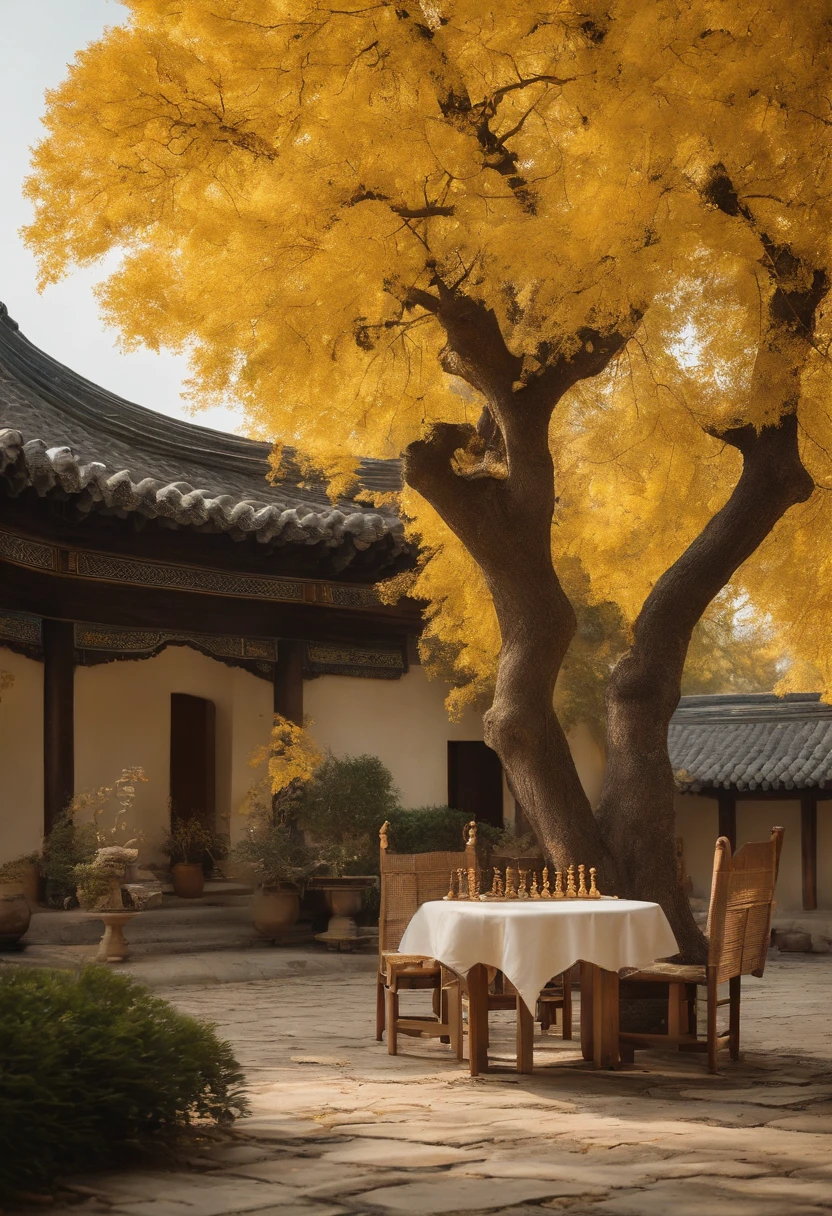 Quaint and vigorous trees，Cottage，courtyard，The two are playing chess，rios，Yellow drawing paper，Color the paper，（（（Stamped））），Song dynasty strokes，Quaint and natural。