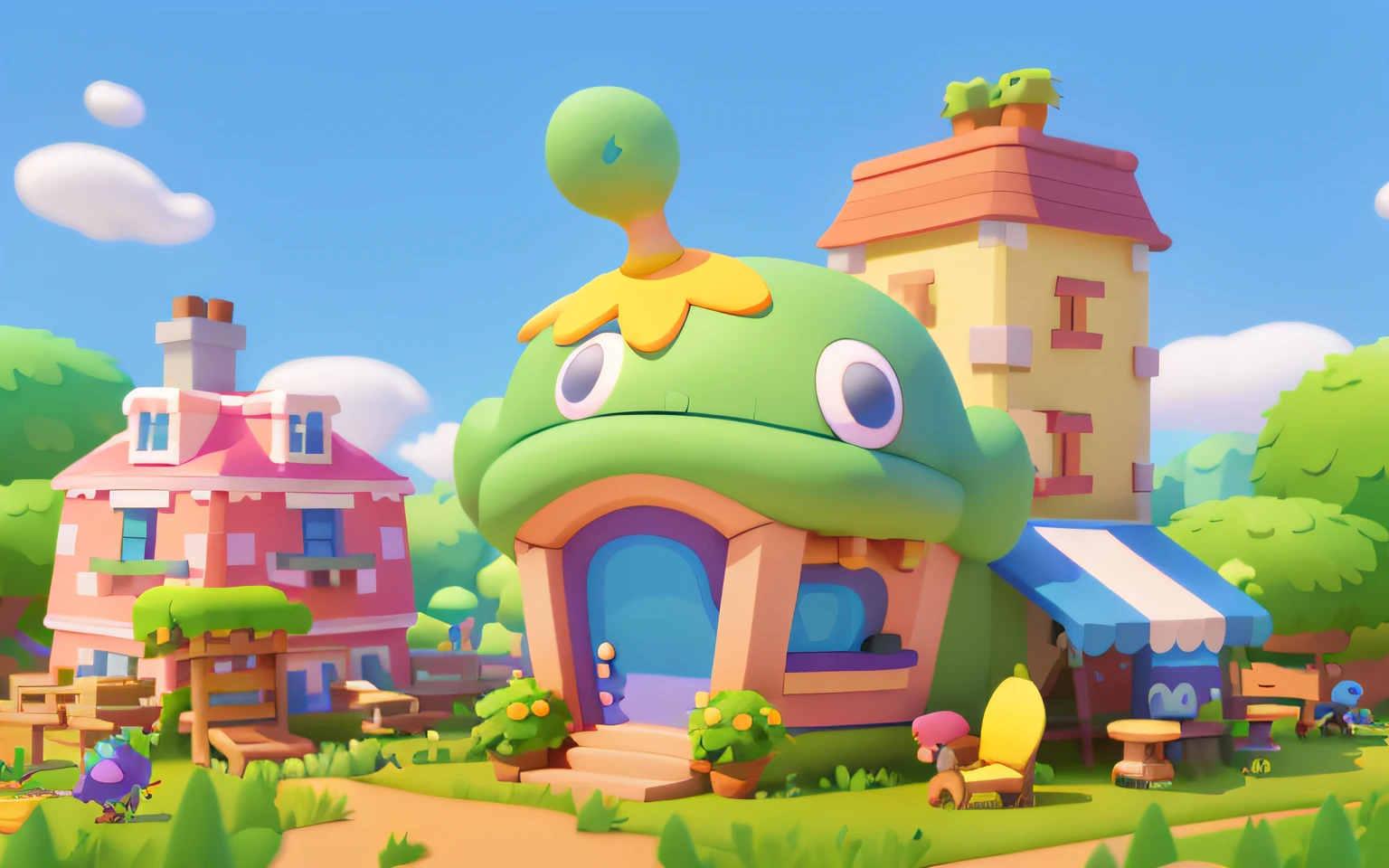 Cartoony,cute building,There are cute dinosaurs next to it,pixar-style,cartoonish style, polygon, Dinosaur building,,adolable, Game architectural design, fanciful, Charming concert hall, desks, music instrument, steins, Bricks, grassy, florals, the trees, casual game style, Originality, best detail, 。.3D, Blander, tmasterpiece, best qualtiy, toon rendering, 8K