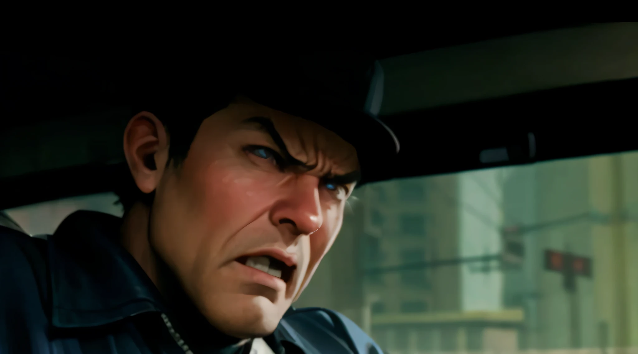 There is a man in a hat and a blue shirt driving, as the protagonist of gta 5, Antonics by John S.. Riley, in batman : arkham knight, cunning expression, angry look in his face, video game screenshot, Angry man, 《Mafia 2》Screen clips, T-1000, as a character from gtav, marvelous expression