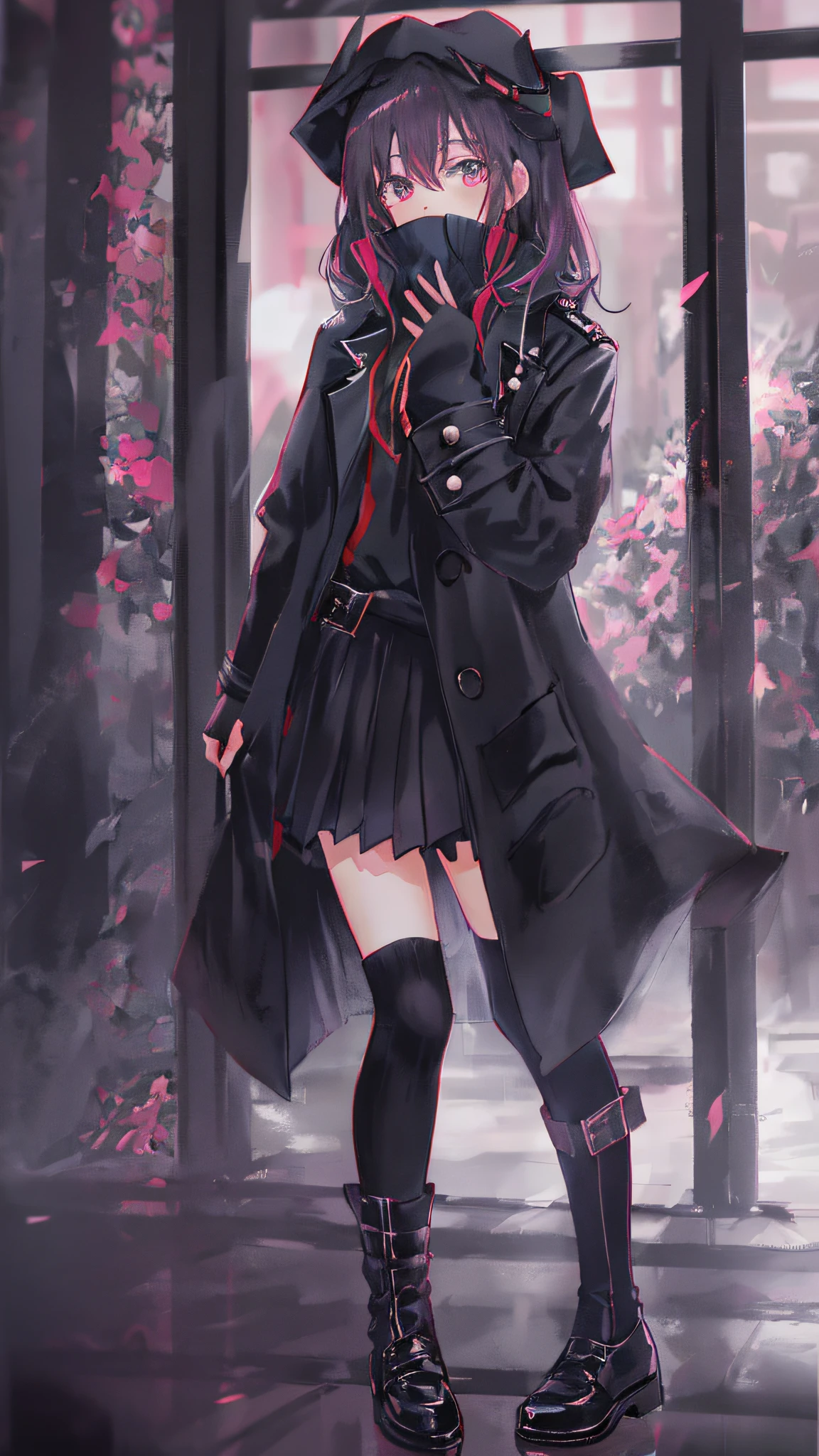 Anime shoujo,tmasterpiece,solo person,A tattered black trench coat,black over-the-knee socks