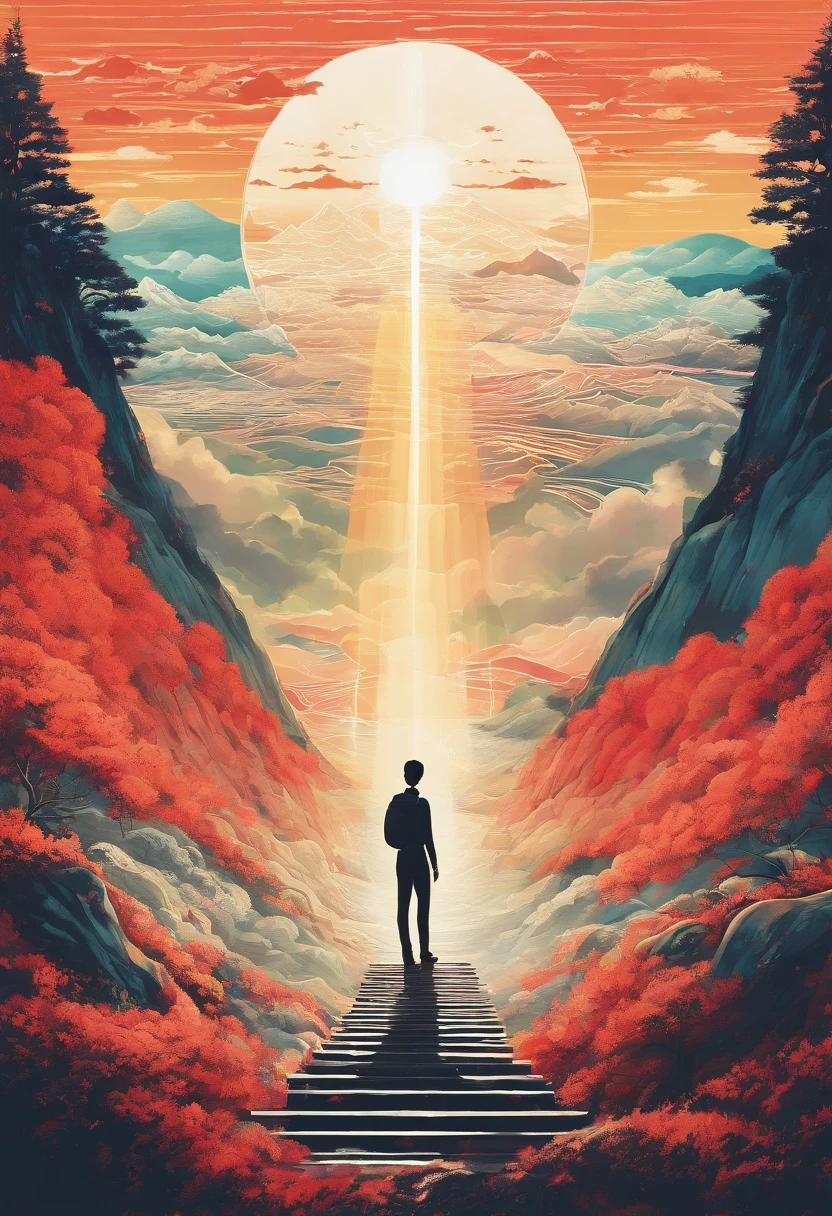 image of a person standing on top of the moutain, searching for the light of truth shining above, surrealist painting, painted in the style of illustration and simplicity,  man and sun in the center