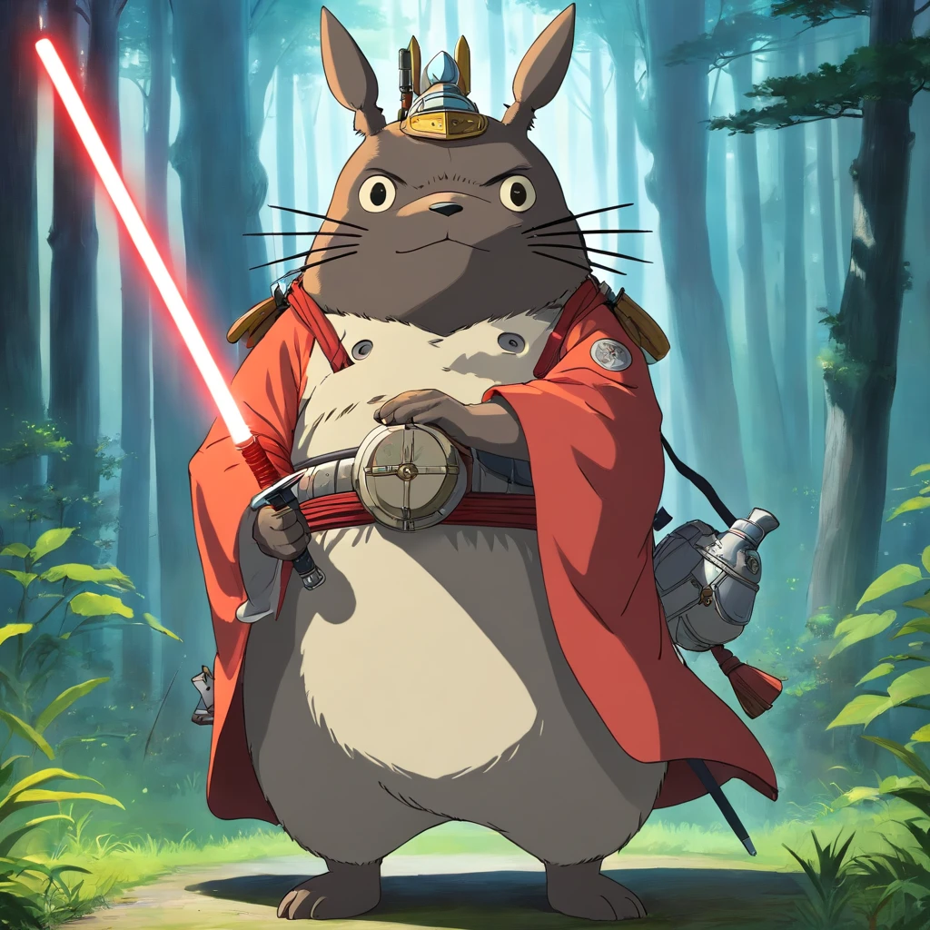 Totoro, Samurai equipment,The whole body is covered with armor , Lightsaber in hand,He wears samurai armor on his head,jedi knight,uni,No Man,No one appears