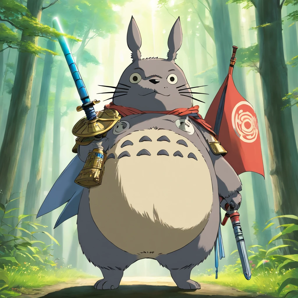 Totoro, Samurai equipment,The whole body is covered with armor , Lightsaber in hand,He wears samurai armor on his head,jedi knight,uni,No Man,No one appears