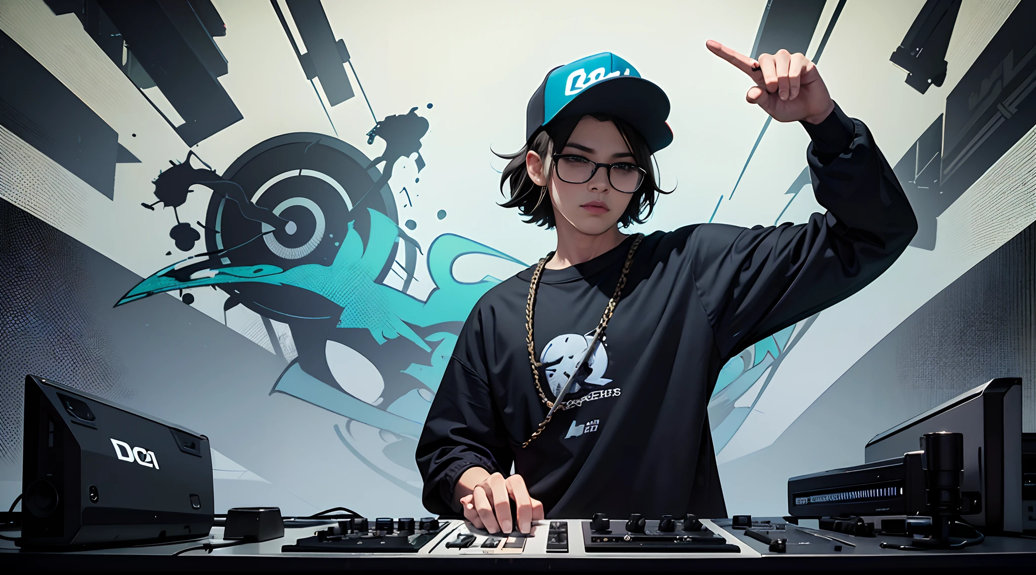 Estilo::Jae Lee ::2.9 --qualidade ,illustration style, fantastic paintings ,estilo graffit;(Ultra - Detalhado, 16k resolution, Lentes de cinema,rendering by octane) um jovem de 27 anos dj, ,Mobilize a atmosfera,Usando fones de ouvido de DJ prateados, Camiseta de lantejoulas prateada brilhante, (Roupa hip-hop pop exclusiva:1.3), .Standing in front of DJ equipment , Os holofotes se voltam para a DJ.,