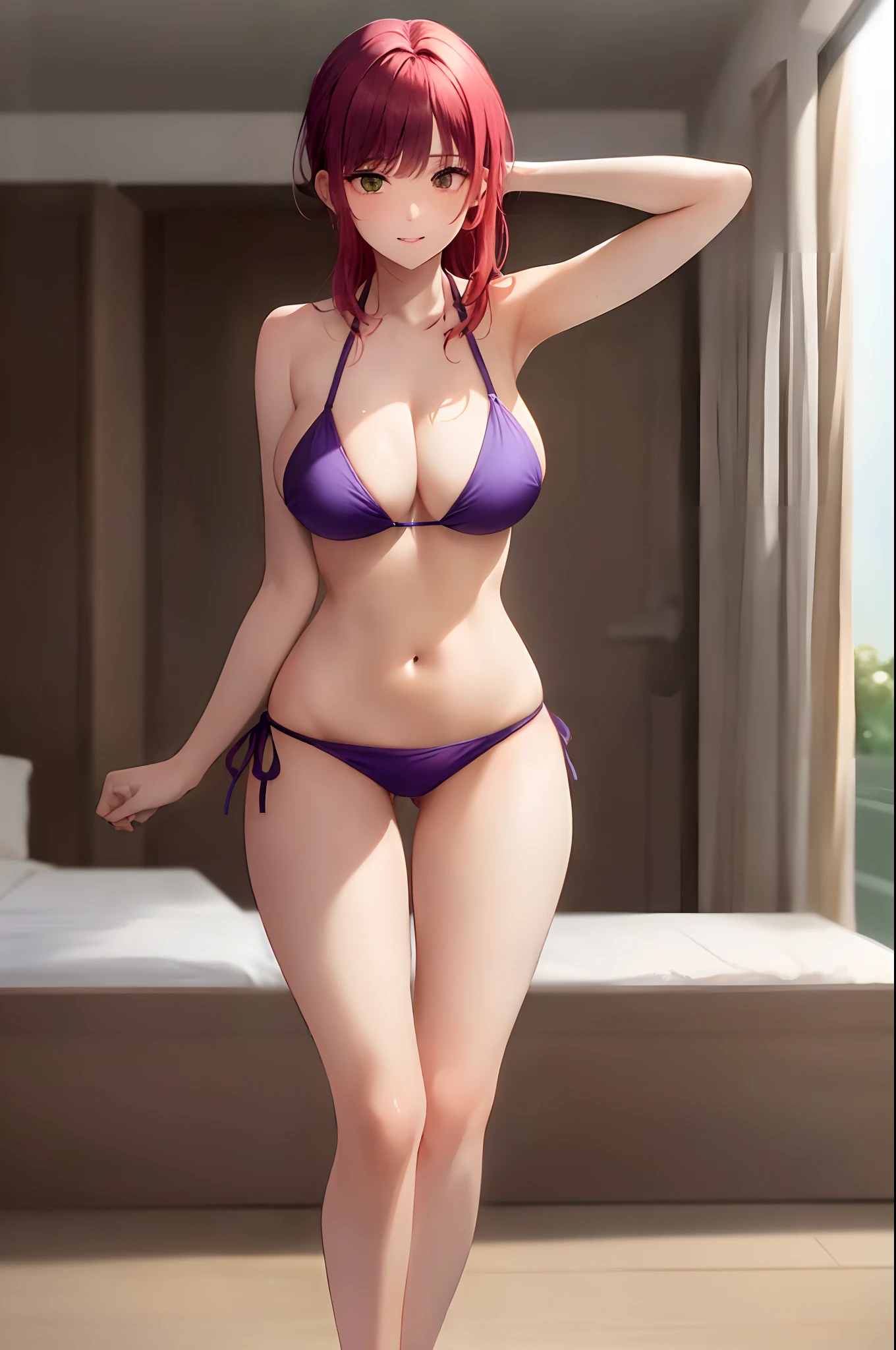obra maestra, mejor calidad, ultra detallado, beautiful lighting, 1girl, red hair, ojos verdes, bikini morado , mirando al espectador, sexy, tetas grandes, en un hotel, bikini morado