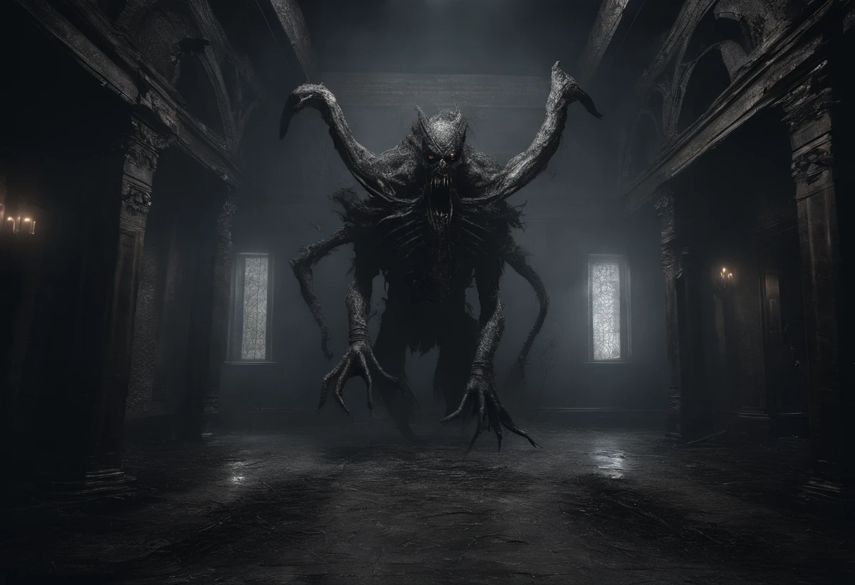A large demon in a lower level of Hell surrounded by the souls of the damned, vaulted ceiling, horrific, creepy, frightening, thick foggy environment, 8K, masterpiece, intricate details, award winning, photo realistic, extreme detail and resolution, dark environment and ambiance, rococco lighting