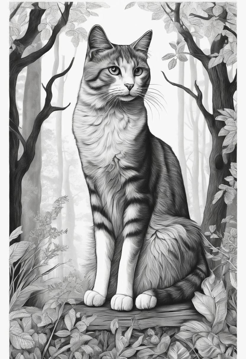 Dibujo blanco y negro, para colorear, un gato en el bosque