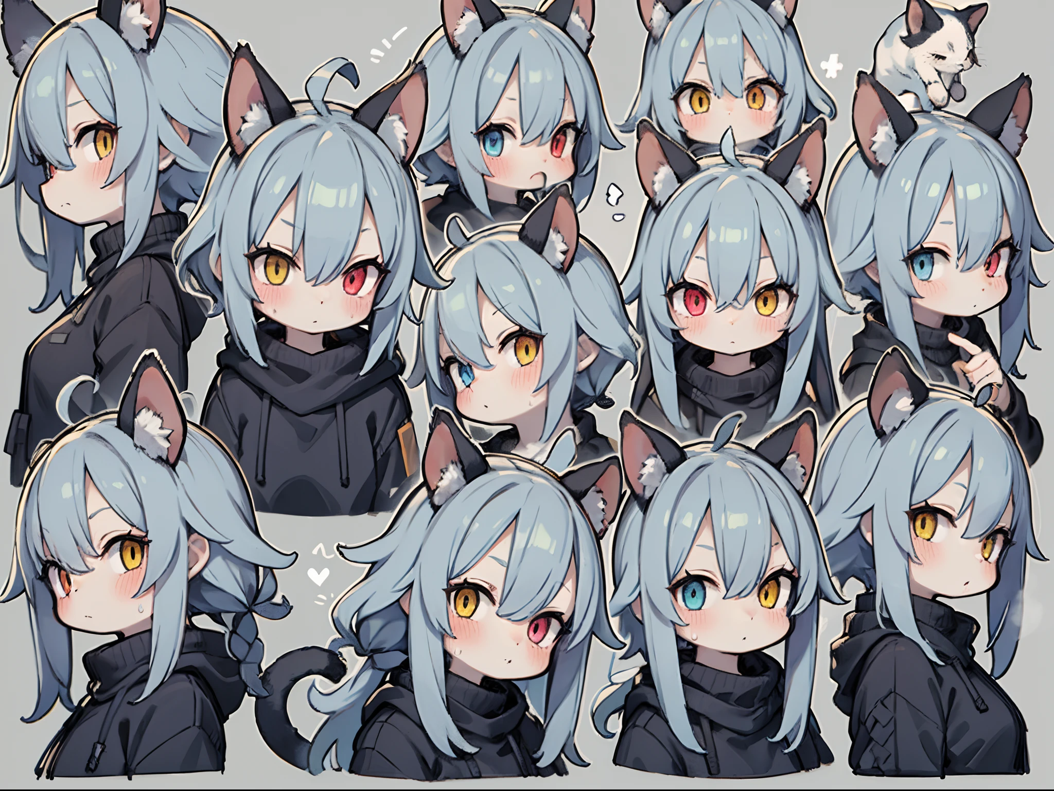 9 poses and expressions,9 Panel grid,9 Emotions and expressions,9 emojis,1boys,Blush,multiple views,hair adornments,cropped shoulders,Closed mouth,Sweater,view the viewer,Machine whole body,By bangs,V-shaped eyebrows,blue  hair,short detailed hair，Simple background,yellow eyes,hair between eye,:<,Jacket,ahoge,gray sweaters,Sweat,Black jacket,Turtleneck,Heterochromia,a cat tail，sense of science and technology，Blue-black background